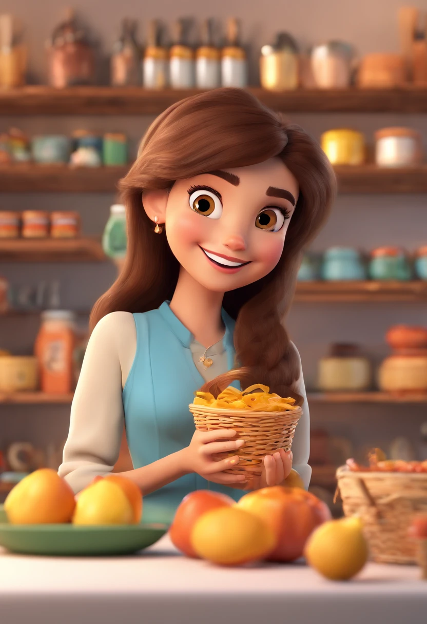 An illustration of an adorable brunette woman with beautiful brown eyes, and the woman's hair is straight and black, Featured holding a breakfast basket. They are a store with a table with products from the basket, com um sorriso no rosto. Illustrate this scene from a perspective where she is facing the camera, Smiling and Showing Your Connection. Desenvolva esta arte em Full HD, Focus on your cinematic touch, Estilo Disney Pixar Animations
