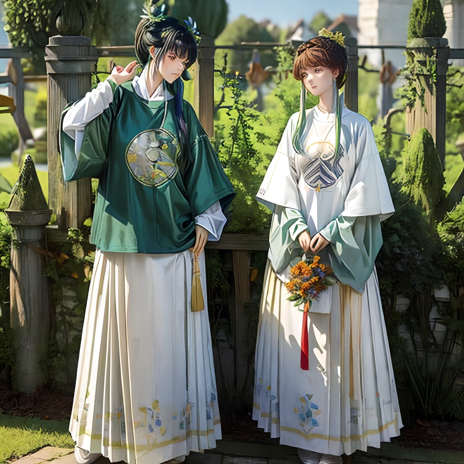 tall girl, with green hair [hair color: 1.5], green eyes [eye color: 1.5], greenish-white color [shade and dress color: 1.5], loose hair, headband (decoration) in her hair ), [headdress: 1.5], [reality: 1.5], standing next to the girl is her tall boy friend, wearing a white t-shirt (t-shirt), (white t-shirt), [t-shirt: 1.5], dark trousers [trouser color: 1.0 ], brown hair [hair brown colour:1.5],brown eyes [eye color: 1.5], standing next to each other in the garden [garden realism: 1.5], (garden), (flower garden), 3d