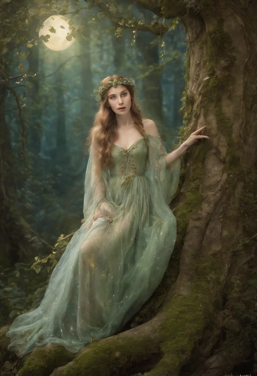 high quality, 8K Ultra HD, Ethereal Faerie in the Enchanted Forest, Imagine a hyper-realistic, 8K Ultra HD portrait inspired by the magical realm of Brian Froud's faeries, the enchanting landscapes of Thomas Kinkade, and the meticulous detailing of Ivan Shishkin, The portrait features a captivating faerie illuminated by the soft glow of moonlight in a mystical forest, Drawing from Froud's fantastical characters, the faerie's features are intricately detailed, showcasing the delicate nuances of her expression, The artist employs Kinkade's mastery of light, creating a scene where the moonlight filters through the ancient trees, casting enchanting reflections on the faerie's features, by yukisakura, highly detailed,