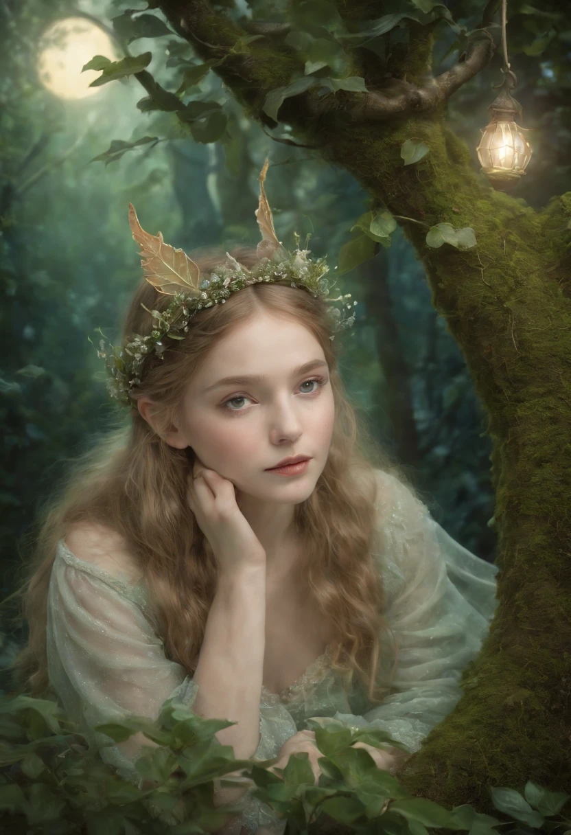 high quality, 8K Ultra HD, Ethereal Faerie in the Enchanted Forest, Imagine a hyper-realistic, 8K Ultra HD portrait inspired by the magical realm of Brian Froud's faeries, the enchanting landscapes of Thomas Kinkade, and the meticulous detailing of Ivan Shishkin, The portrait features a captivating faerie illuminated by the soft glow of moonlight in a mystical forest, Drawing from Froud's fantastical characters, the faerie's features are intricately detailed, showcasing the delicate nuances of her expression, The artist employs Kinkade's mastery of light, creating a scene where the moonlight filters through the ancient trees, casting enchanting reflections on the faerie's features, by yukisakura, highly detailed,