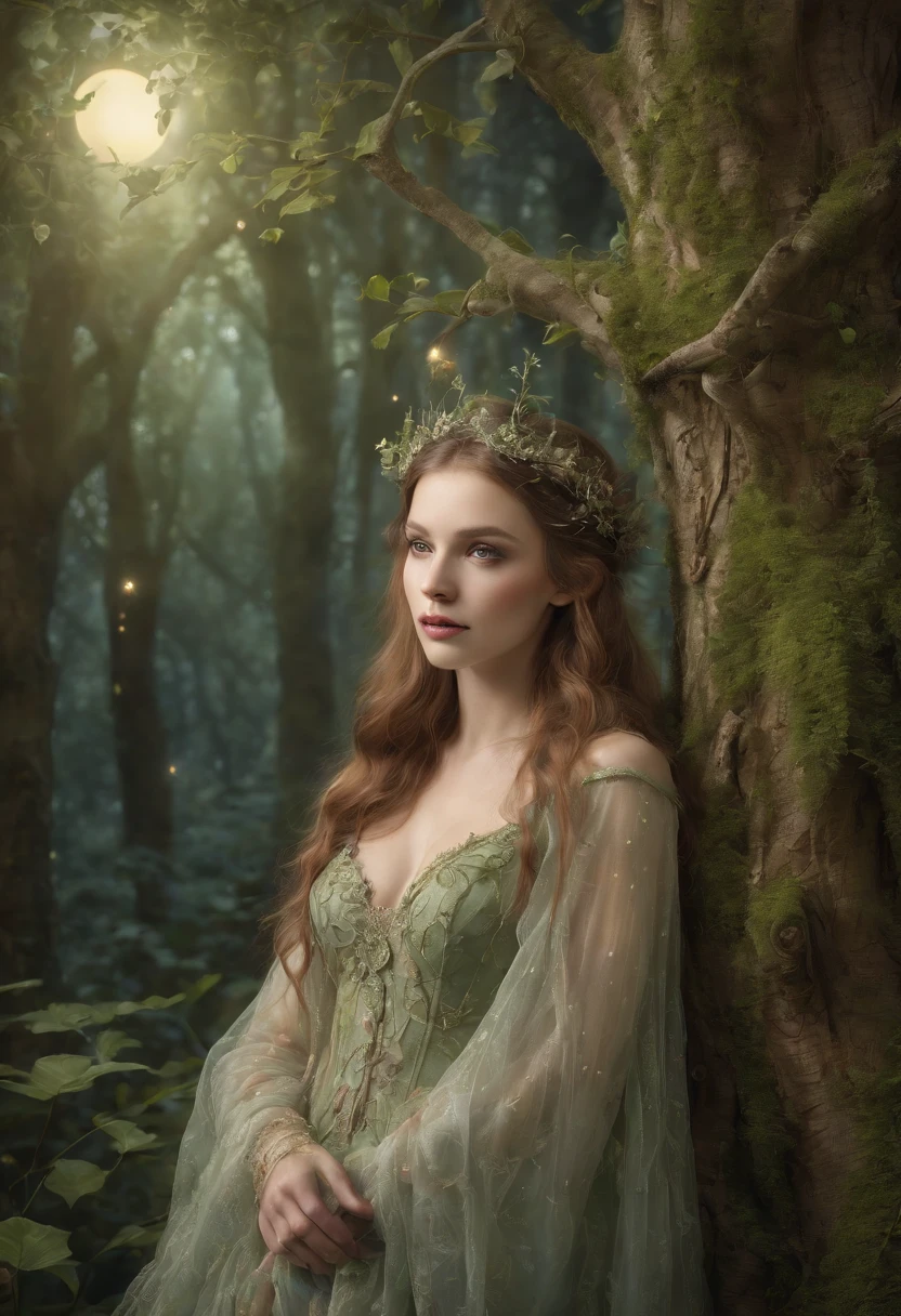 high quality, 8K Ultra HD, Ethereal Faerie in the Enchanted Forest, Imagine a hyper-realistic, 8K Ultra HD portrait inspired by the magical realm of Brian Froud's faeries, the enchanting landscapes of Thomas Kinkade, and the meticulous detailing of Ivan Shishkin, The portrait features a captivating faerie illuminated by the soft glow of moonlight in a mystical forest, Drawing from Froud's fantastical characters, the faerie's features are intricately detailed, showcasing the delicate nuances of her expression, The artist employs Kinkade's mastery of light, creating a scene where the moonlight filters through the ancient trees, casting enchanting reflections on the faerie's features, by yukisakura, highly detailed,