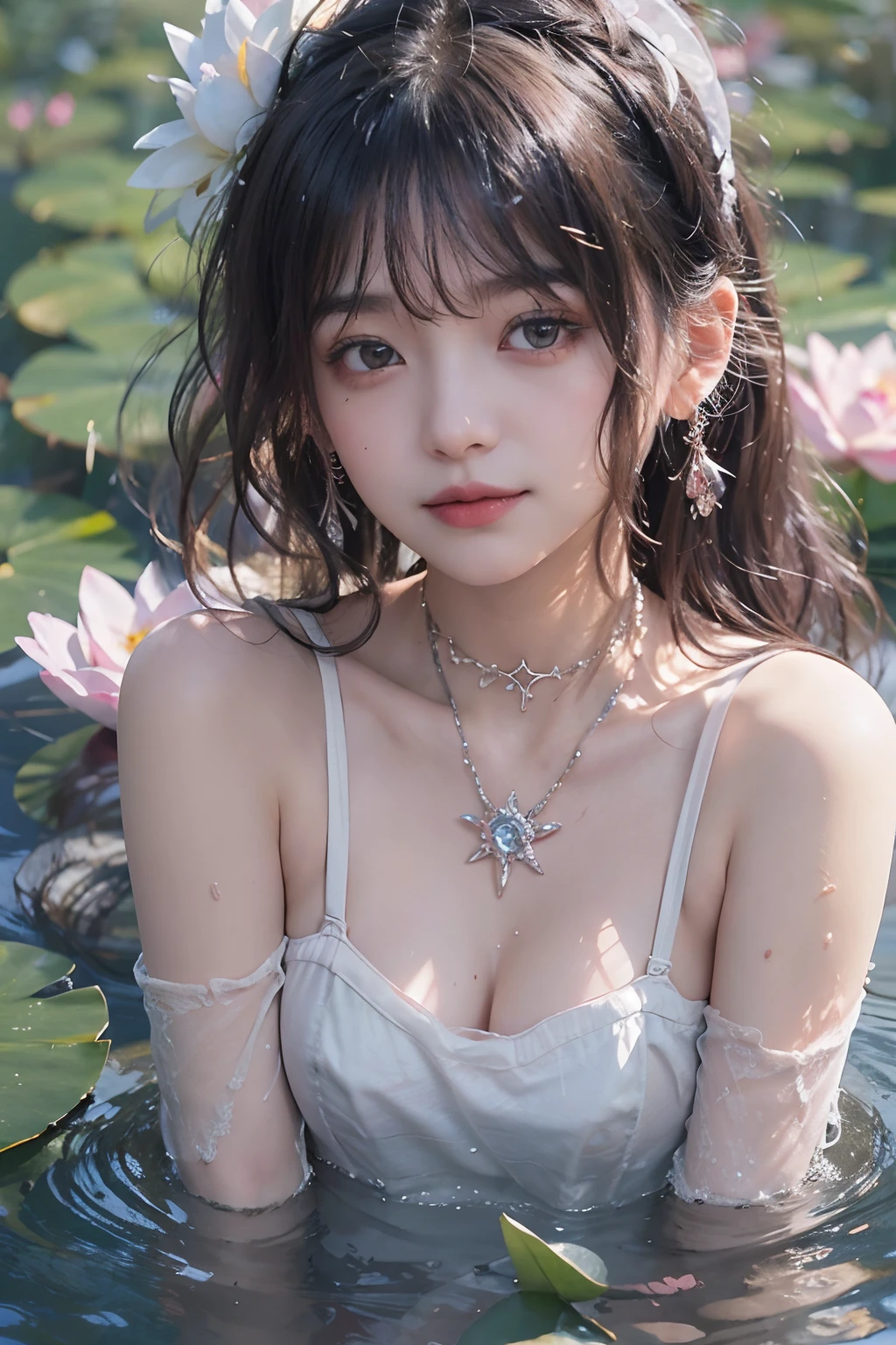 (a closeup)、(From above)、((1a girl in))、(18year old)、(looking at view)、(Cute smile)、((Black hair long hair))、((Pattsun bangs))、(Bun hair)、(Pink makeup)、(brown-eyed)、(Photoreal Stick:1.2)、in 8K、(High quality shadows)、Detail Beautiful delicate face、Detail Beautiful delicate eyes、Cute K-pop Idol、(Korean Urzan Face)、gloweyes、perfectbody、red lipsticks、Natural color reproduction、Shiny hair、Description beautiful delicate hair、(Lustrous skin)、cloudy ash sky、电影灯光、(a choker)、White see-through dress、corsets、long skirt、Water Lily Flower、It is in the water of a large pond、