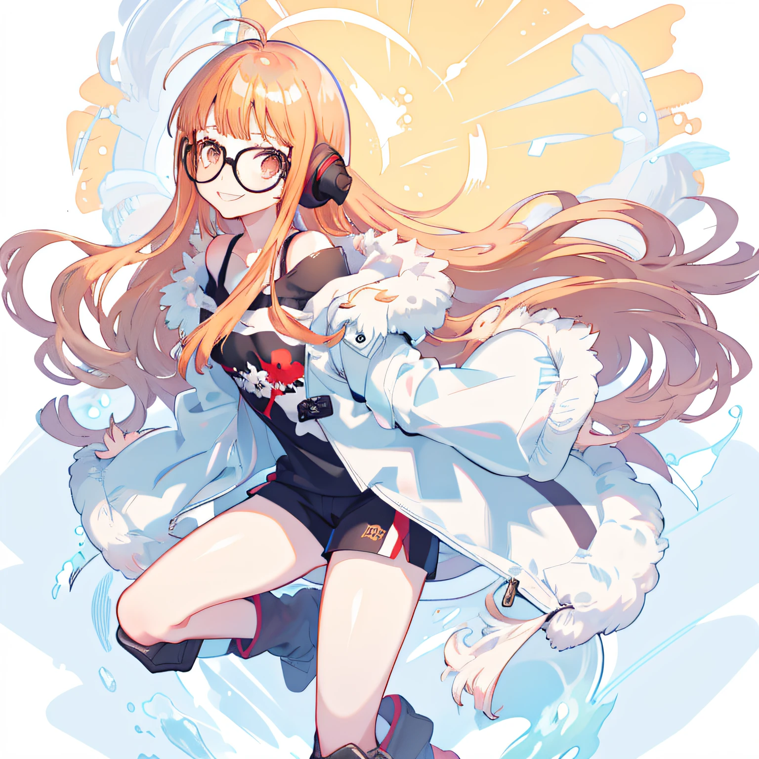 masutepiece, Best Quality, hight resolution, 1girl in, futaba sakura, Blunt bangs, Glasses, black-framed eyewear, Ahoge, Small breasts, Glasses, headphones, behind-the-head headphones, White shirt, Jacket, off shoulders, Fur trim, fur-trimmed jacket, Green jacket, Shorts, thighs thighs thighs thighs, long boots, Cowboy Shot,the golden hour、grin、Fluttering chest