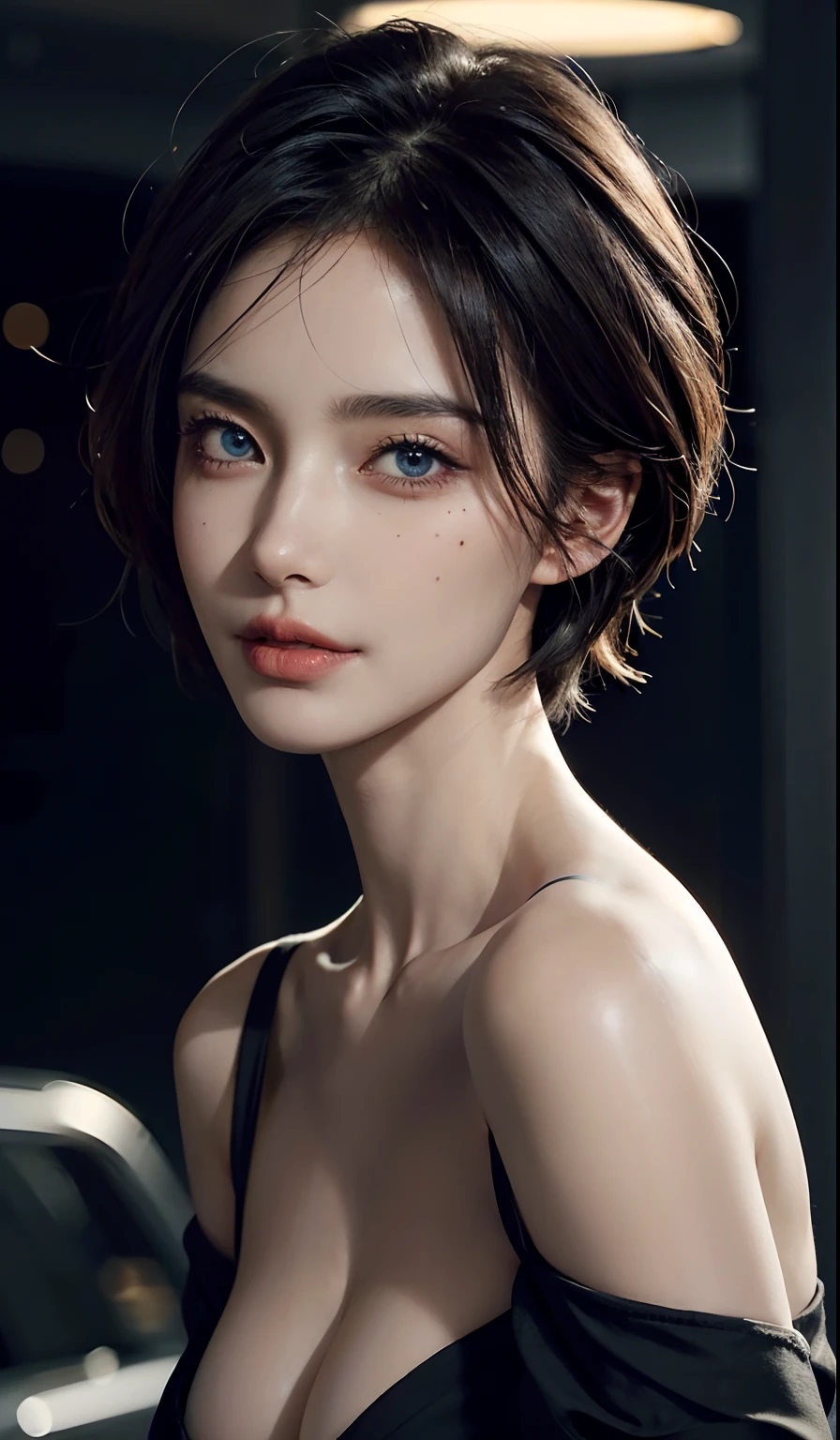 short hair, skintight black top:1.2, looking at viewer, cinematic lighting, perfect, soft lights, high resolution skin:1.2, realistic skin texture, realistic face, off shoulder, Exposed cleavage, blue Eyes, mole, short hair, mole under eye,