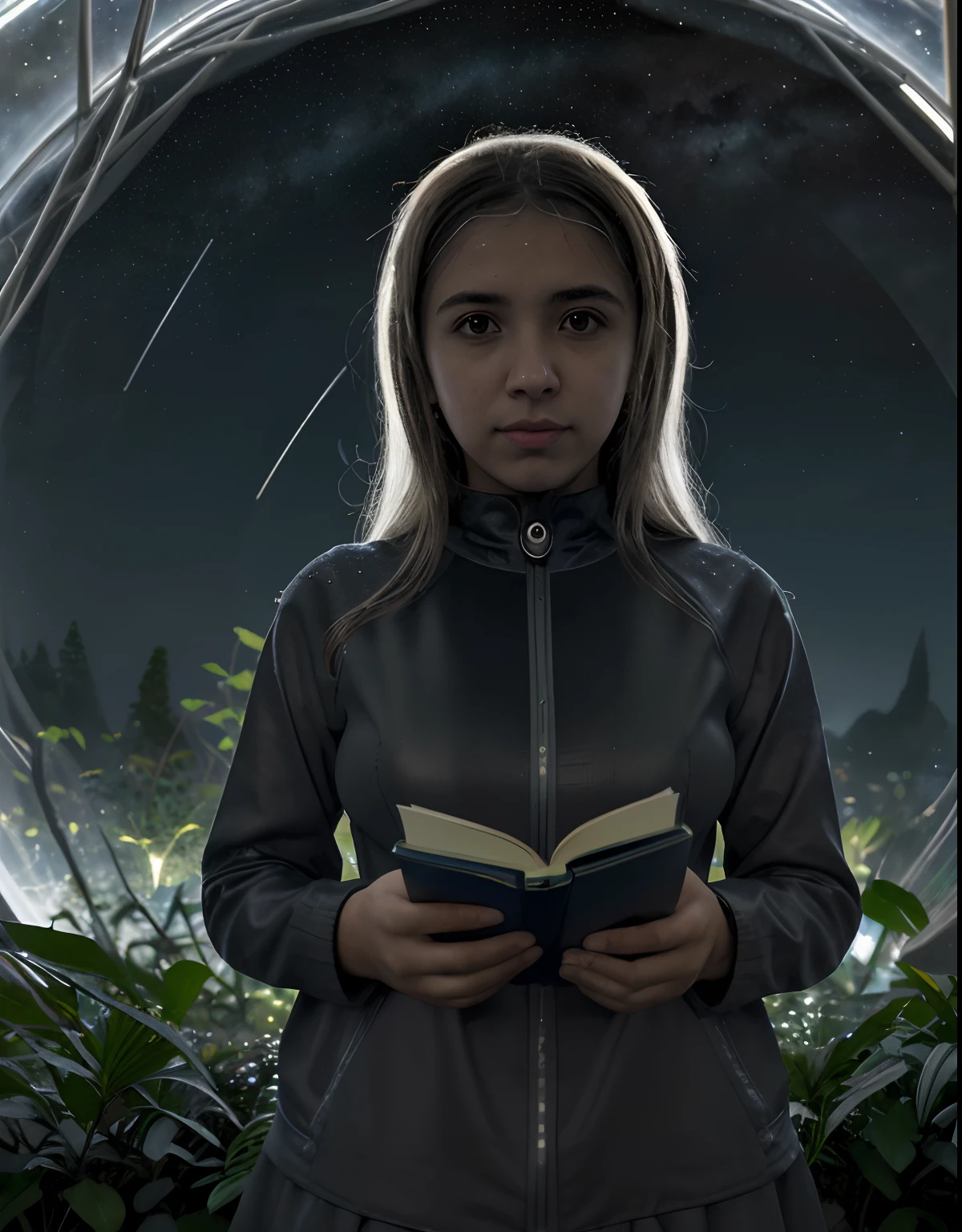 best quality, master part, extremamente detalhado, Antecedentes detalhados, anime, 1girl, Rapariga, curta, scientific fiction, science fiction, ao ar livre, Noite, Starry sky, estufa, megaestrutura, bio-dome, Landscape, scenecy, horizonte, Telhado, sentado no telhado, vento, Desviando o olhar, Atmospheric Illumination, foco solo, fechar para cima, de lado, profundidade de campo, Bokeh