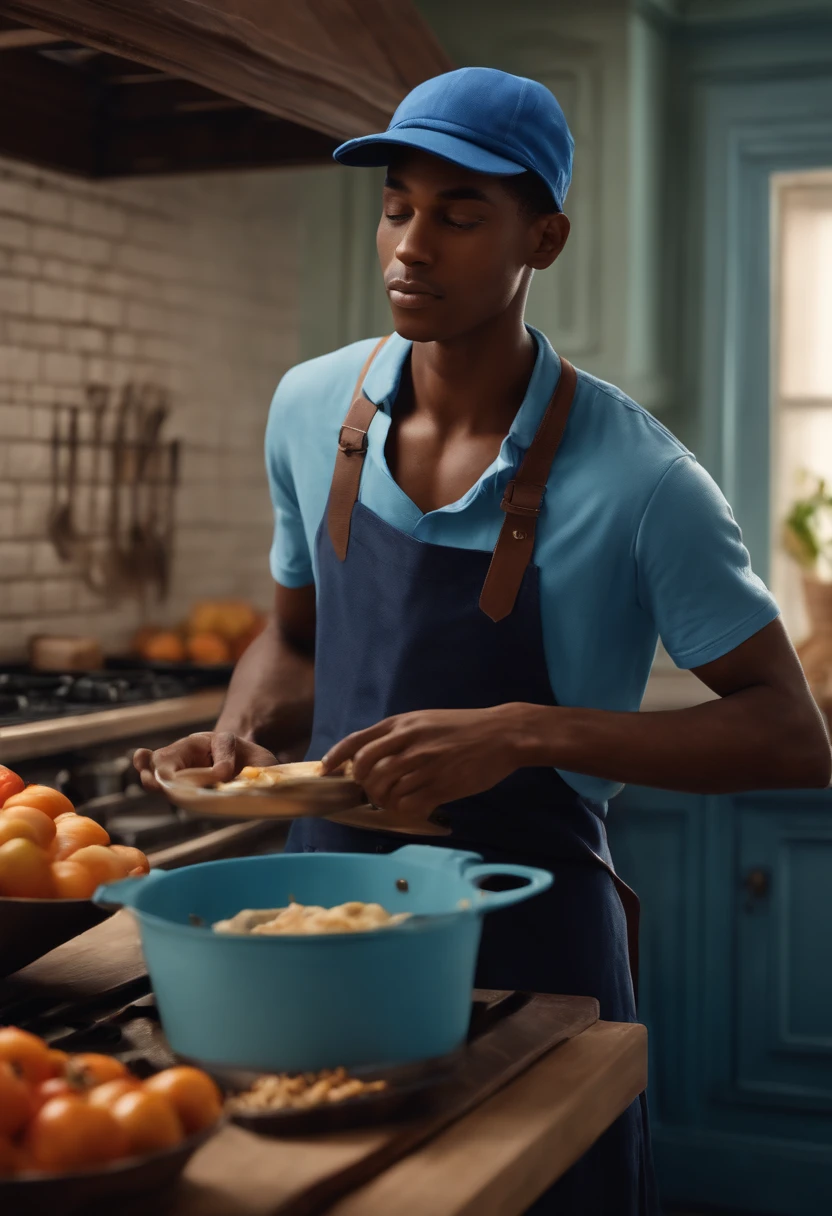 Image of a skinny brown skinned young man with blue cap, light blue t-shirt and a dark blue apron for a Pixar format story