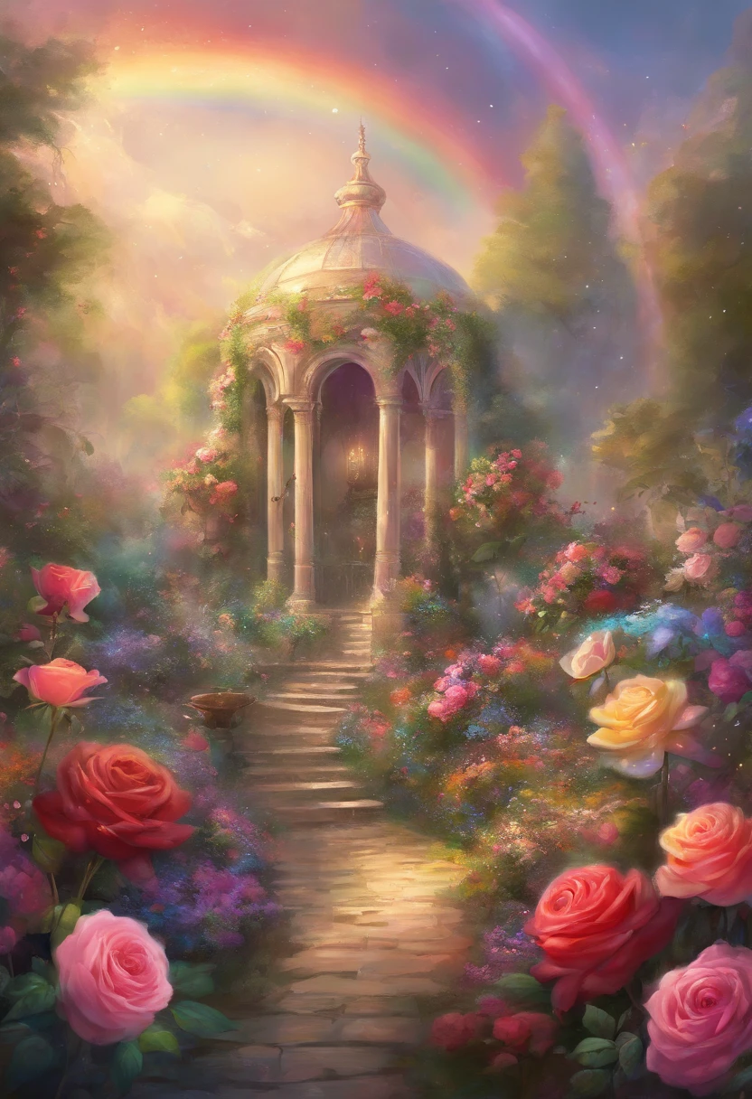 Best quality, garden of roses, rainbow colored roses, greenhouse, raining