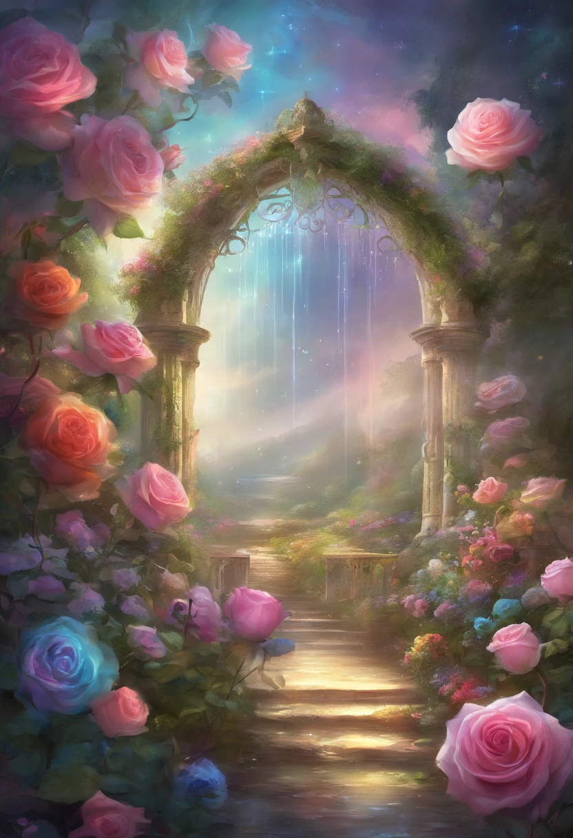 Best quality, garden of roses, rainbow colored roses, greenhouse, raining