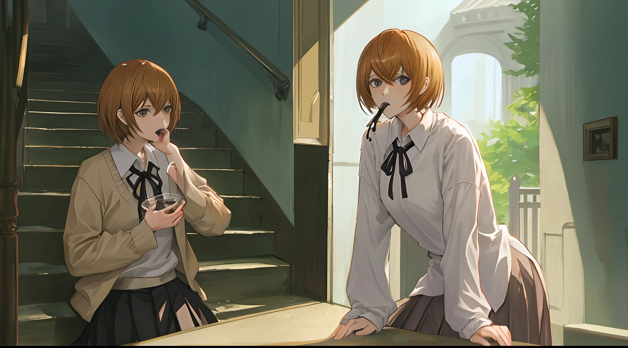 Light Yagami from death note drinking lean with girlls in his mouth dying on the stairs