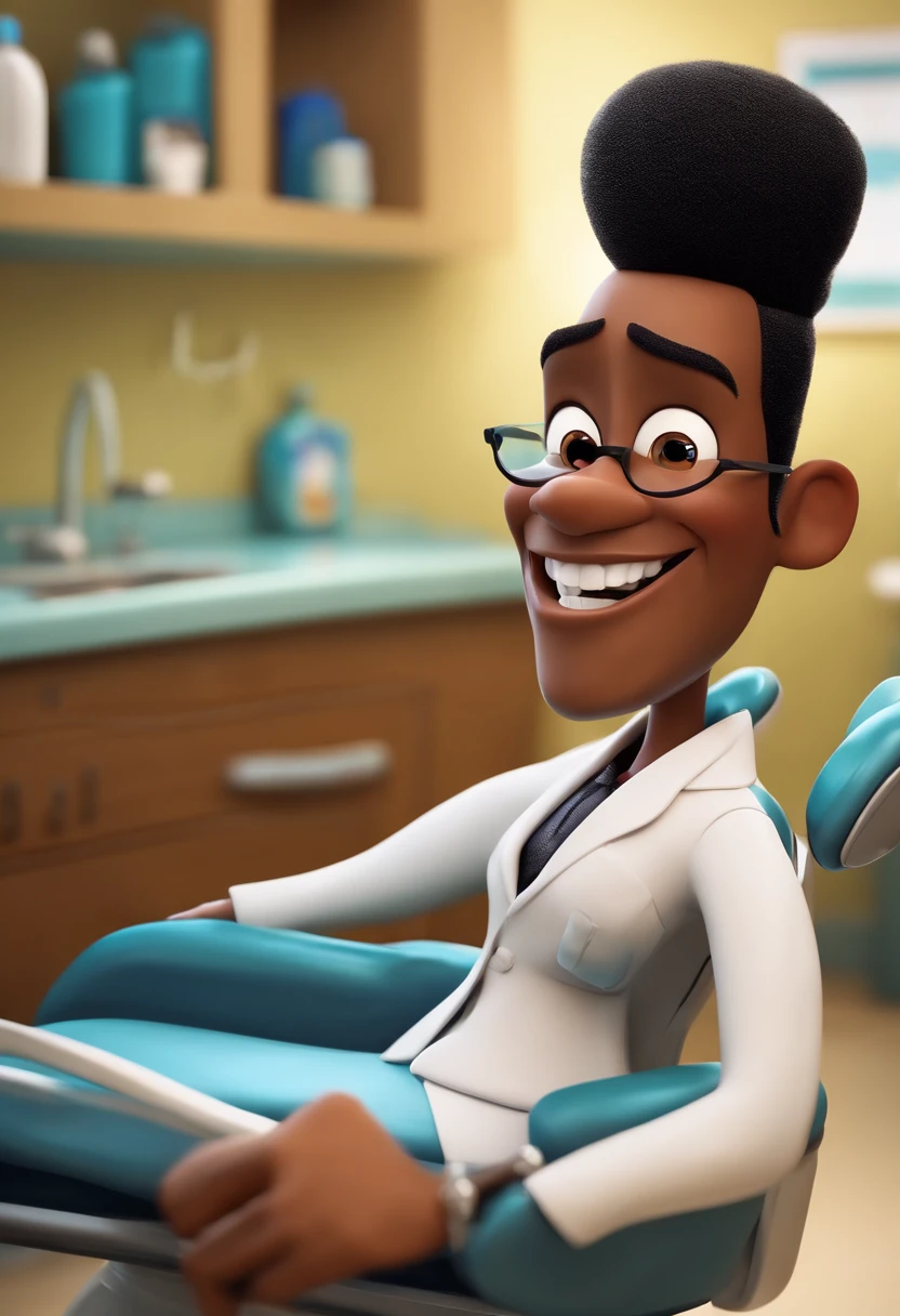 Estilo Pixar: dentista pele negra com cabelo liso bonito ,olho negro , escova de dente, in a dental office 3D Poster,Disney