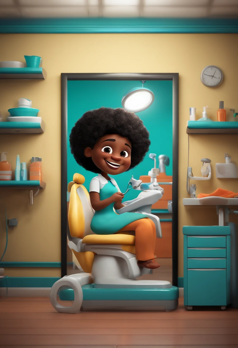 Estilo Pixar: dentista pele negra com cabelo liso bonito ,olho negro , escova de dente, in a dental office 3D Poster,Disney