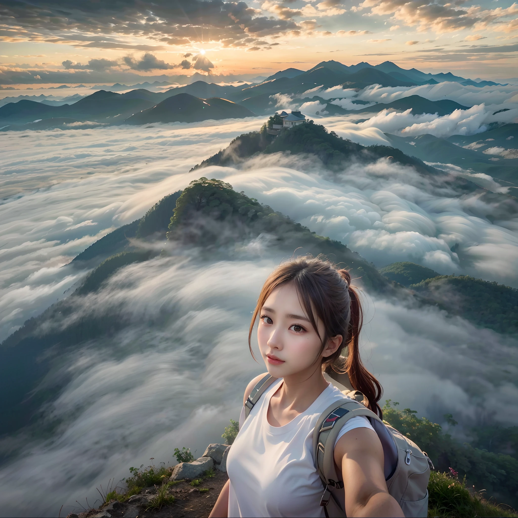 (Best Quality, hyper realistic photography), Magnificent mountain, sea of clouds, Woman watching sunset, selfee, ((Upper body)), white t-shirts, Trekking Shorts, trekking boots, rucksack, (ultra-delicate face, Super Beautiful Maid, Super delicate eyes, Ultra-detailed nose, Ultra detailed mouth, Ultra-detailed facial features), Beautie, 18year old