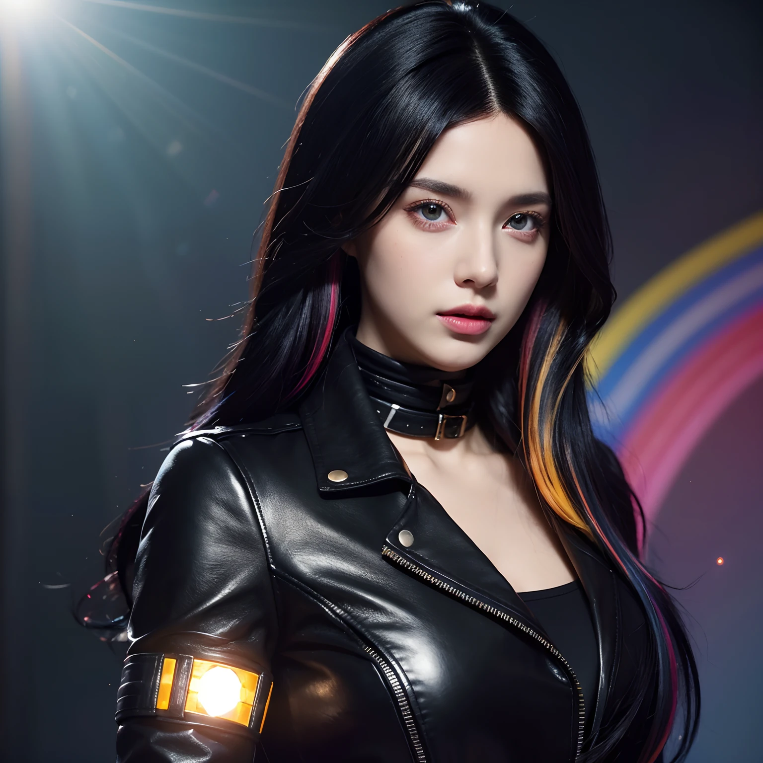 {{Masterpiece}}, Best quality, Extremely detailed flat illustrations,Unified 8K wallpapers, Cinematic lighting, Lens flare, Beautiful detail eyes, Woman in black tight leather coat black, side looking, Black hair, Colorful light, Particle, Heterochromia, (Colorful:1.5), (Colorful hair:1.5),