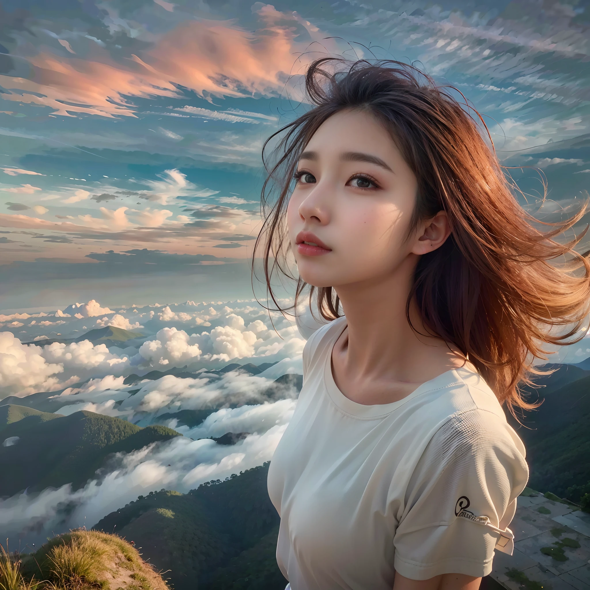 (Best Quality, hyper realistic photography), Magnificent mountain, sea of clouds, Woman watching sunset, selfee, ((Upper body)), white t-shirts, Trekking Shorts, trekking boots, rucksack, (ultra-delicate face, Super Beautiful Maid, Super delicate eyes, Ultra-detailed nose, Ultra detailed mouth, Ultra-detailed facial features), Beautie, 18year old