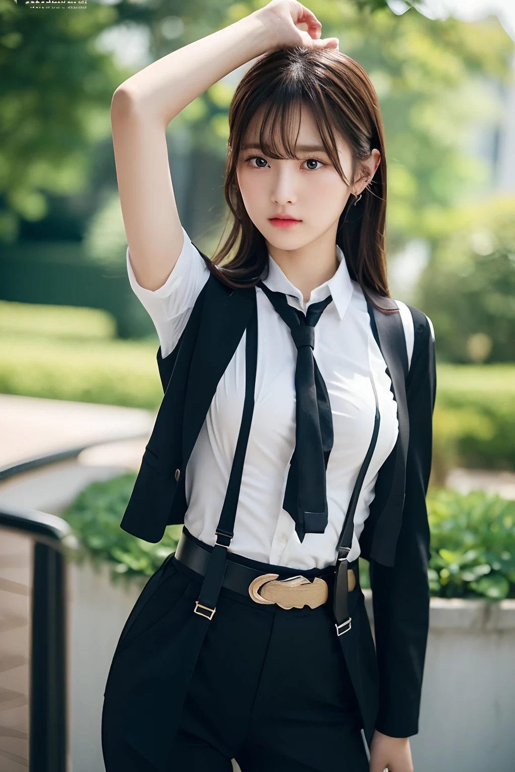 masterpiece、flat-colors、depth of fields、lens flare 1 girl、、Brown hair、watching at viewers a belt black suspenders Social OL huge-breasted Armpit sweat perspiring Side of both hands walls: Black Suit Black pants, Black jacket holster arm Leg holster Gaze No tie tiarra No bangs Small face