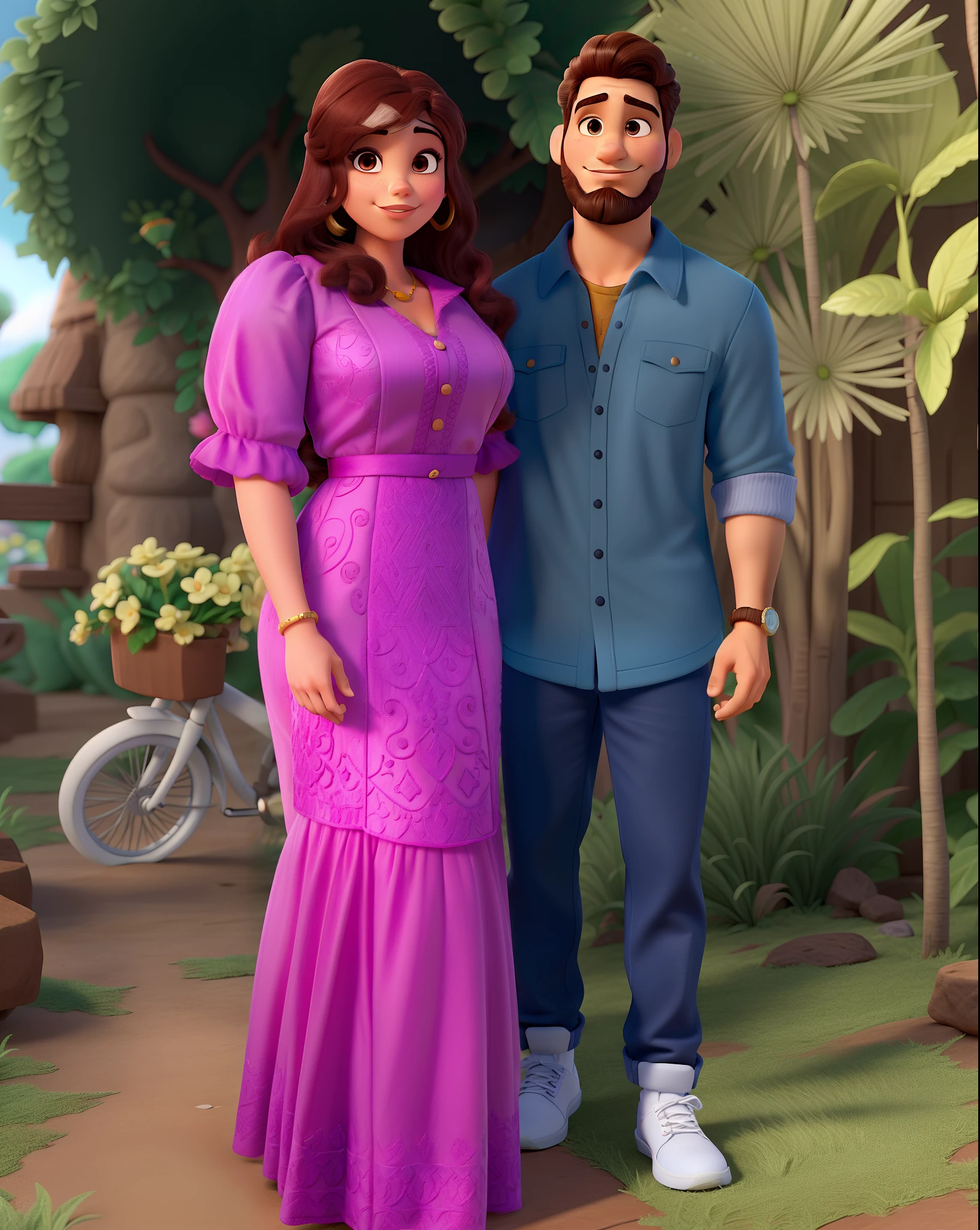 Casal (mulher morena e homem branco e barba) no estilo Disney Pixar, alta qualidade, melhor qualidade.