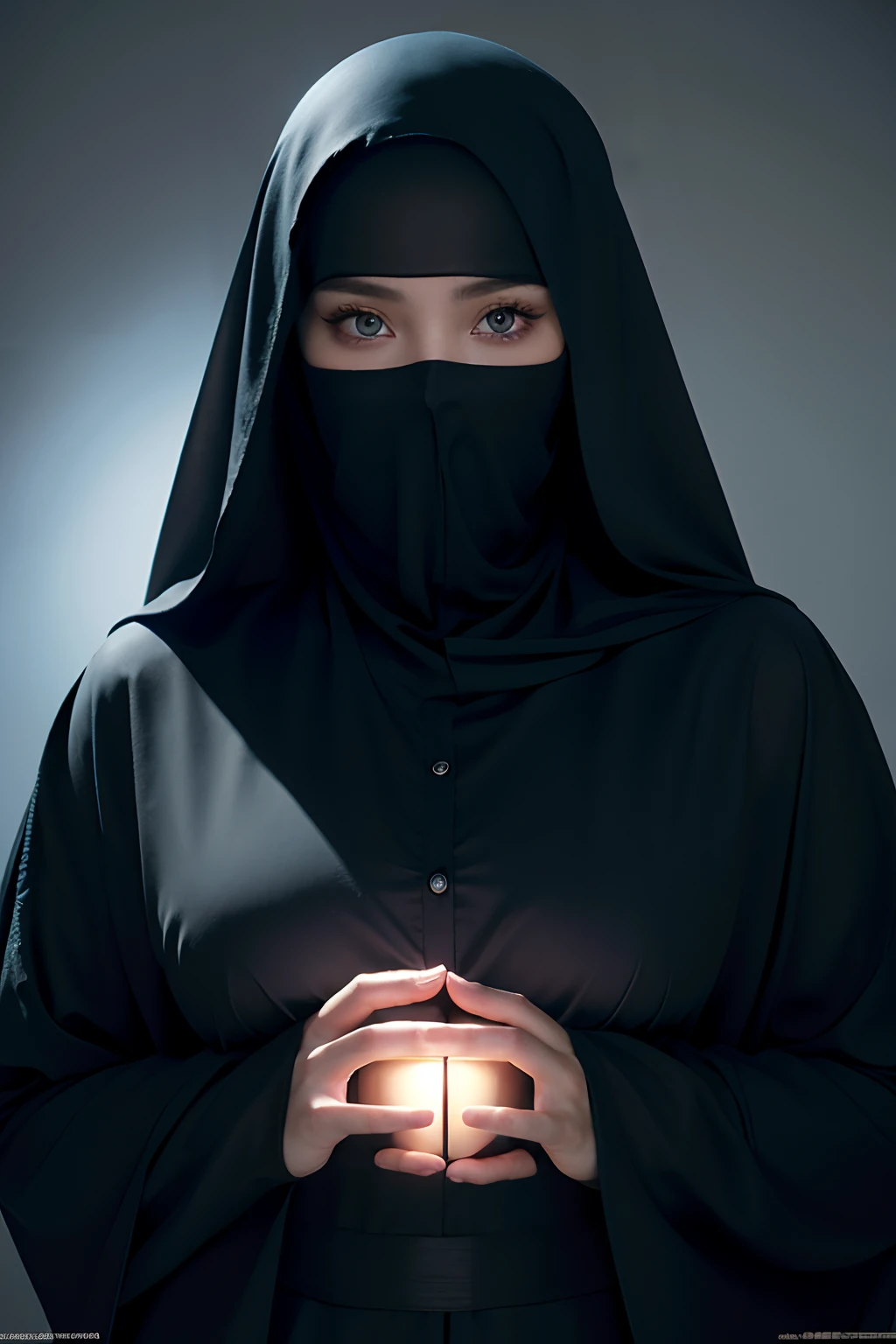 short hair,  looking at viewer, cinematic lighting, perfect, soft lights, high resolution skin:1.2, realistic skin texture, realistic face,  lean girl, Exposed cleavage, blue Eyes, long bangs, ((abaya　niqab))