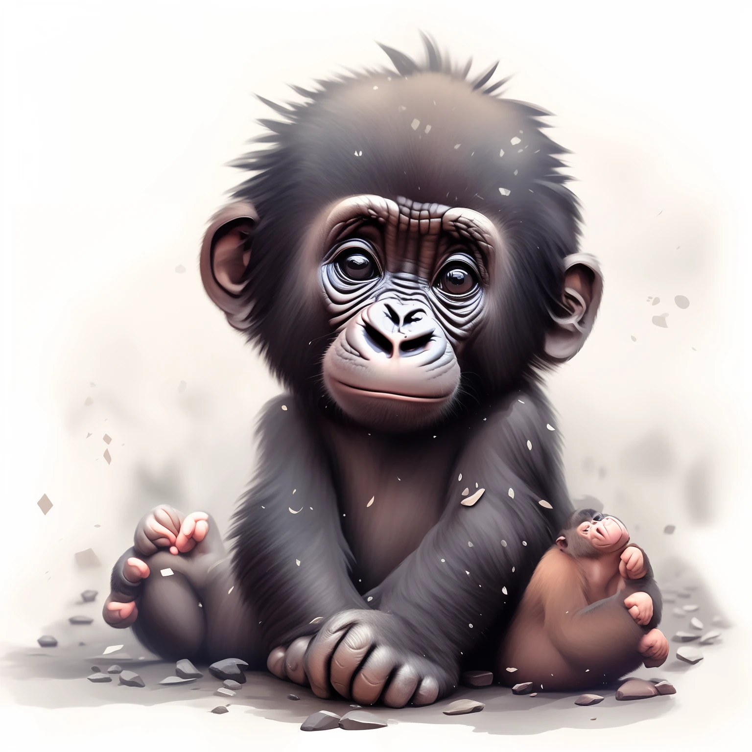 Drawing of a baby gorilla sitting on the ground with its front paws raised, Adorable Digital Painting, Bored Ape NFTs, by Alex Petruk as APe, cute detailed digital art, cute detailed artwork, cute artwork, Chimpanzee, cute animal, inspired by Alex Petruk APe, Monkey, Adorable, john banovich, Cute digital art