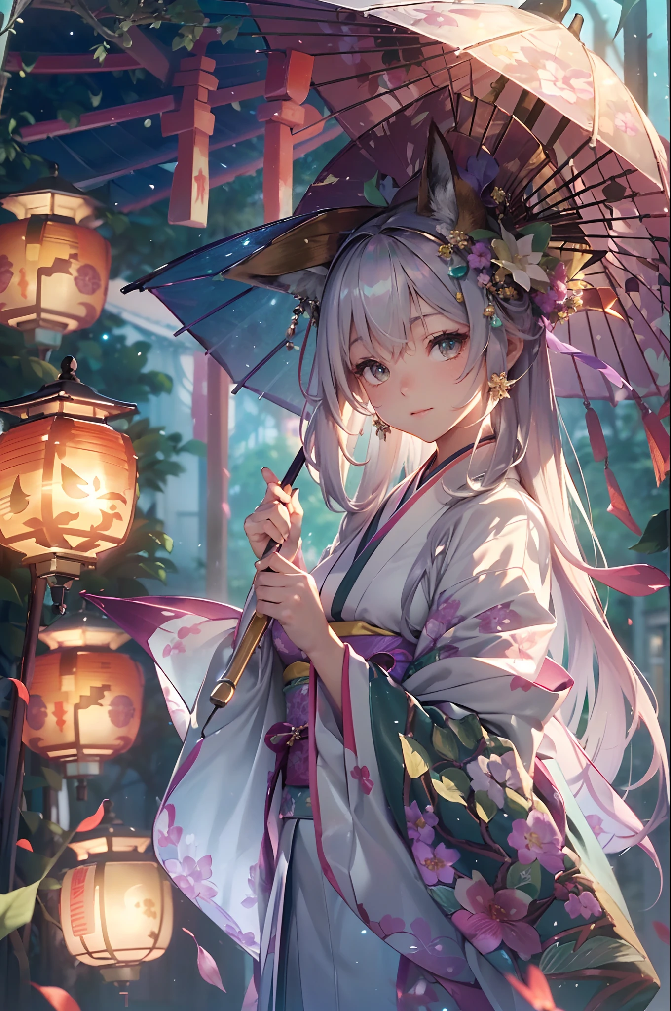 (Official art、Best Quality、Unity 8k Wallpapers、32K、​masterpiece、ultra-detailliert、超A high resolution、realisitic、Photorealsitic:1.2)、(Cinematic lighting:1.2)、Fireglow effect、film grains、Best Shadows、Rim lighting、side lights、(Ultra-detailed and complex 3D rendering)、Detailed beautiful face and eyes、(Full body:1.2)、(sideshot、Looking away:1.2)、(Mystical)、Highly detailed background、beauitful face、blurry backround、(super detailed skin、detailed skin textures:1.3)、(There are many umbrellas hanging from trees, in a candy forest! At night, evening lanterns, Colorful lanterns, lanthanum, Japan at night, Colorful lanterns, Hanging lanterns, Wonderland at night, With lantern, Enchanted Garden Photos, parasol, illuminating the area, Outdoor Art Installation, glowing lanterns, !!Beautiful!!, magic scenes:1.2)、cowboy  shot、shinny skin、beauitful face、blurry backround、20-year-old beauty、shinny skin、The fox's tail grows、Beautiful silver hair、short-hair、(poneyTail:1.2)、green colored eyes、Fox ears、hair adornments、Gentle smile、(Kimono:1.2)、a miniskirt、wearing kneesocks、beauty legs、