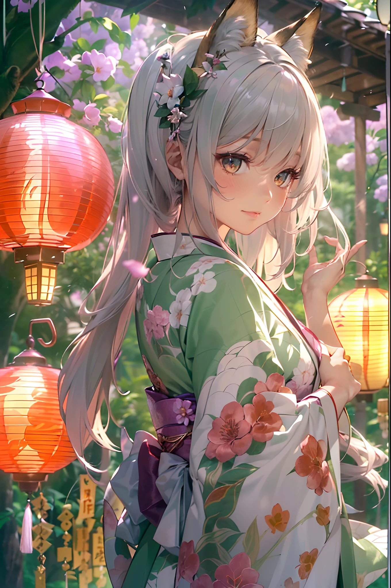 (Official art、Best Quality、Unity 8k Wallpapers、32K、masterpiece、ultra-detailliert、超A high resolution、realisitic、Photorealsitic:1.2)、(Cinematic lighting:1.2)、Fireglow effect、film grains、Best Shadows、Rim lighting、side lights、(Ultra-detailed and complex 3D rendering)、Detailed beautiful face and eyes、(Full body:1.2)、(sideshot、Looking away:1.2)、(Mystical)、Highly detailed background、beauitful face、blurry backround、(super detailed skin、detailed skin textures:1.3)、(There are many umbrellas hanging from trees, in a candy forest! At night, evening lanterns, Colorful lanterns, lanthanum, Japan at night, Colorful lanterns, Hanging lanterns, Wonderland at night, With lantern, Enchanted Garden Photos, parasol, illuminating the area, Outdoor Art Installation, glowing lanterns, !!Beautiful!!, magic scenes:1.2)、cowboy shot、shinny skin、beauitful face、blurry backround、20-year-old beauty、shinny skin、The fox's tail grows、Beautiful silver hair、short-hair、(poneyTail:1.2)、green colored eyes、Fox ears、hair adornments、Gentle smile、(Kimono:1.2)、a miniskirt、wearing kneesocks、beauty legs、