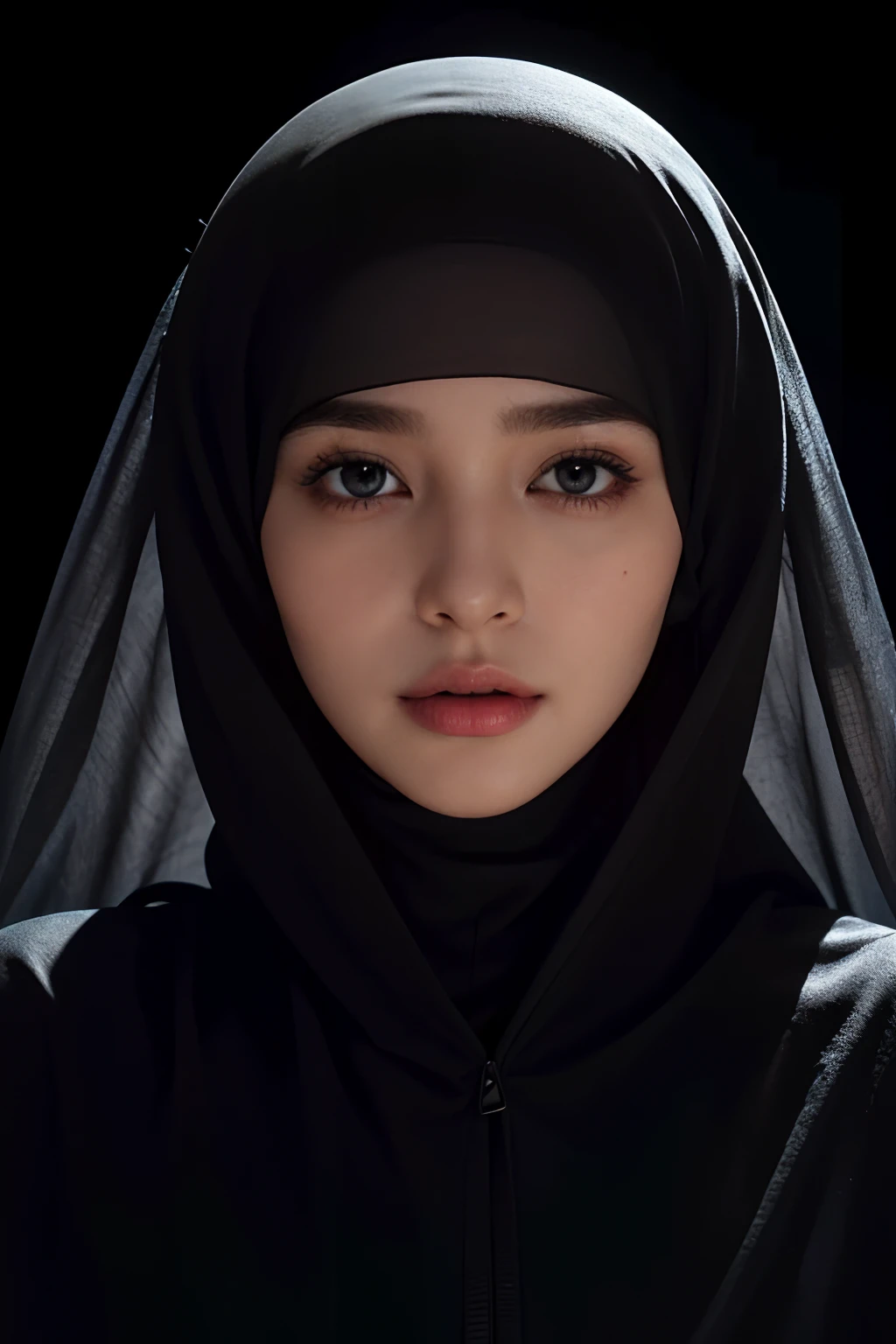 Beautiful pictures , Very close-up shot, Headshot of her front to the camera, Skin is smooth and radiant, Film quality, Ultra-realistic , She is in deep darkness ,Soft accents, Big boob, Brown hair,  ,  One-person viewpoint,  Textured skin, Super Detail, blue Eyes, long bangs, ((abaya　niqab))