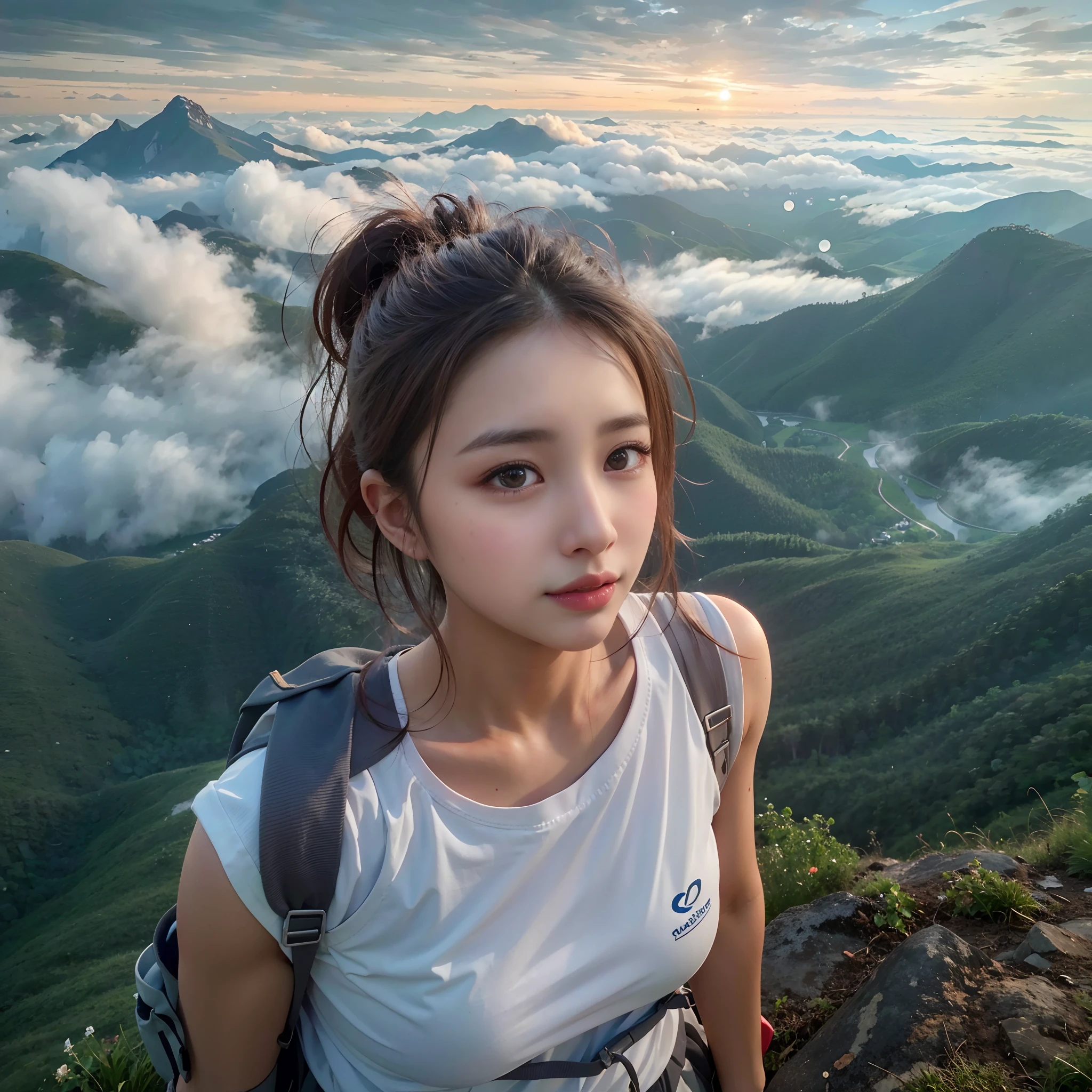 (Best Quality, hyper realistic photography), Magnificent mountain, sea of clouds, Woman watching sunset, selfee, ((Upper body)), white t-shirts, Trekking Shorts, trekking boots, rucksack, (ultra-delicate face, Super Beautiful Maid, Super delicate eyes, Ultra-detailed nose, Ultra detailed mouth, Ultra-detailed facial features), Beautie, 18year old