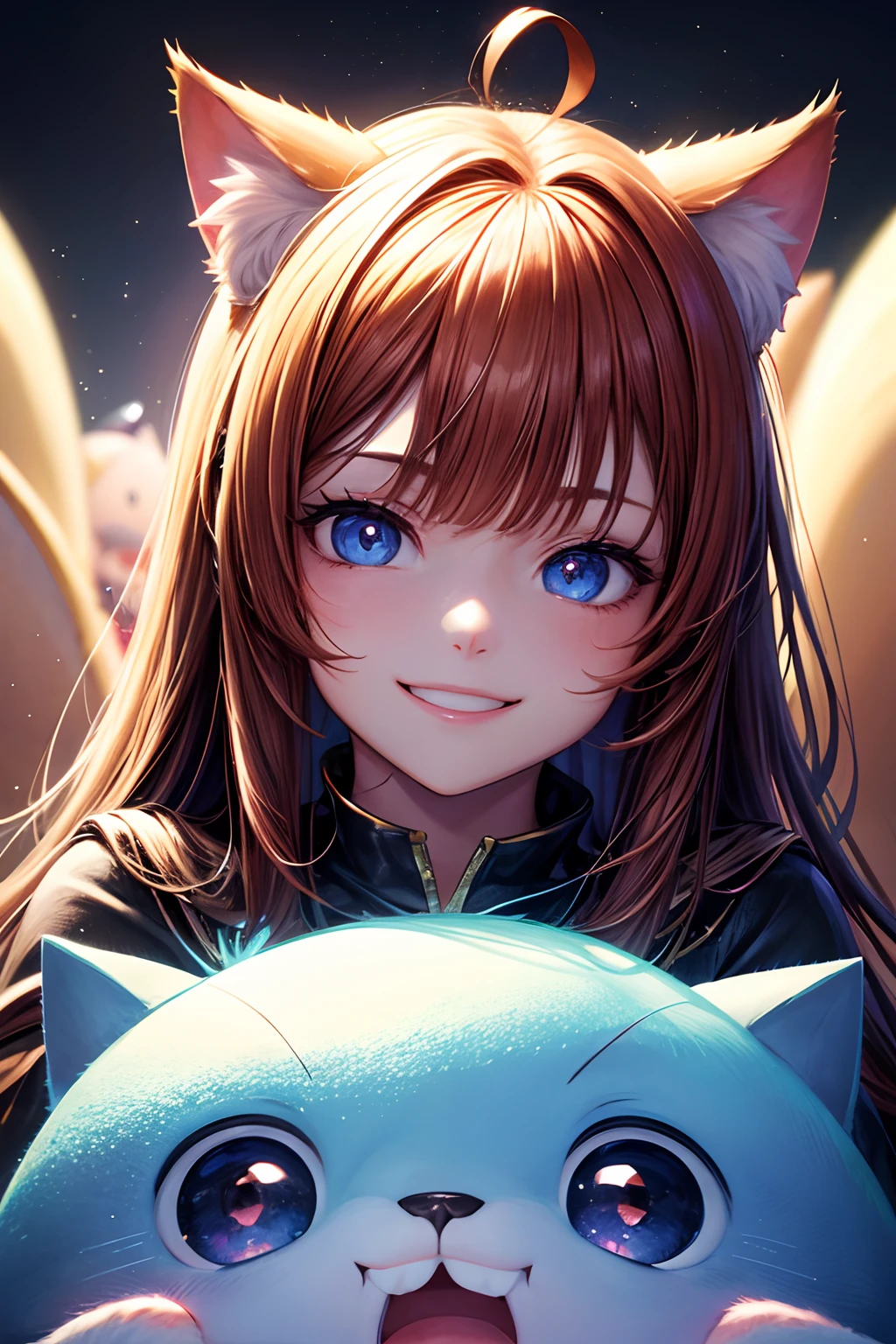 Top quality, high resolution, perfect human anatomy, background focus, front view, glowing hair, glowing eyes, cat ears, one piece, medium chest, surrounded by plush all over, face out of plush, happy smile, gradient eyes, swept bangs,