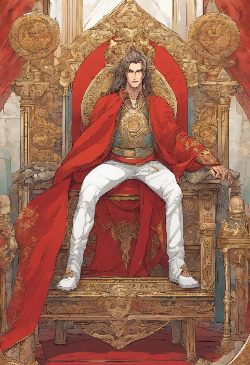 Um cabelo branco, Red-eyed prince sits on a majestic throne inside an abandoned palace. The environment around you is gloomy and gloomy, com rachaduras nas paredes e teias de aranha penduradas ali. The throne is ornate, com detalhes em ouro e pedras preciosas, and is covered by a dusty cloth. The protagonist is wearing real clothes, with a determined expression on his face, com olhos azuis vibrantes