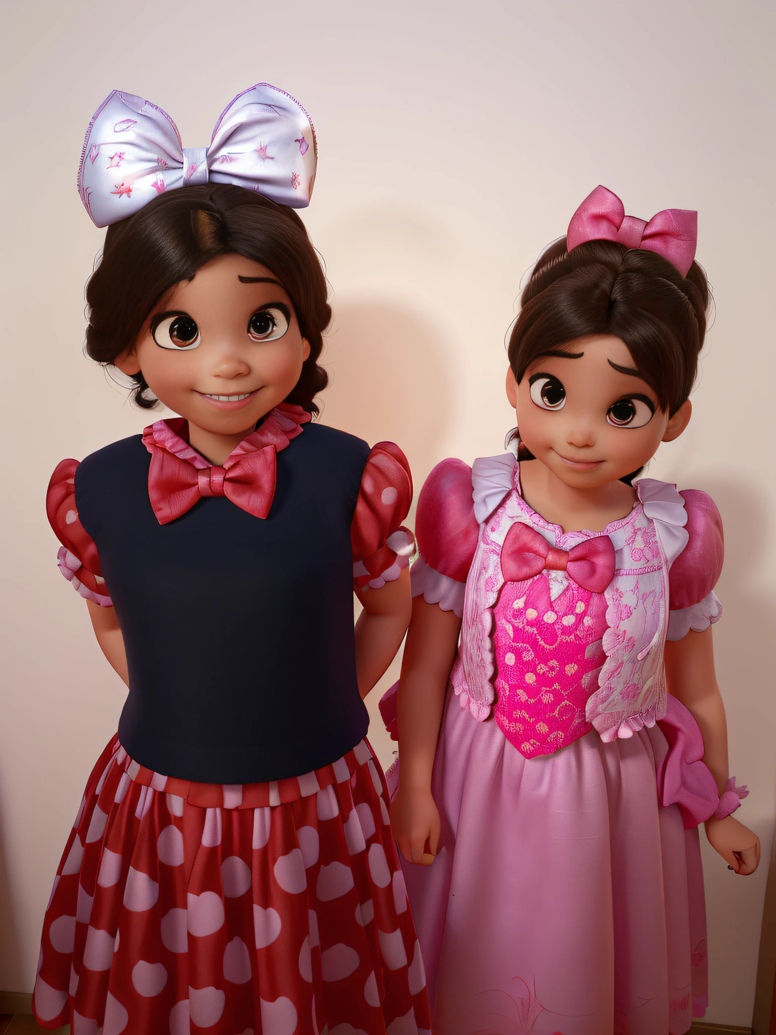 Create a Disney PIXAR-style 3D poster. ((Center image of two happy and smiling sisters)), as meninas tem uma com 3 anos e outra com 2 anos, ((2 children)) ((A primeira menina esta com vestido da Minnie , in her hair a bow from Minnie, da cor branca e com cabelo todo cacheadinho, A segunda menina tem 2 anos, esta com vestido de princesa da cor de rosa, And with a pink bow on her head, pele clara, olhos e cabelos castanhos claros e ondulados)) ((tudo isso no estilo Disney PIXAR 3D, In the background, uma quarto infantil de menina, Detalhes hiper-realistas, cor quente no estilo Disney PIXAR 3D))