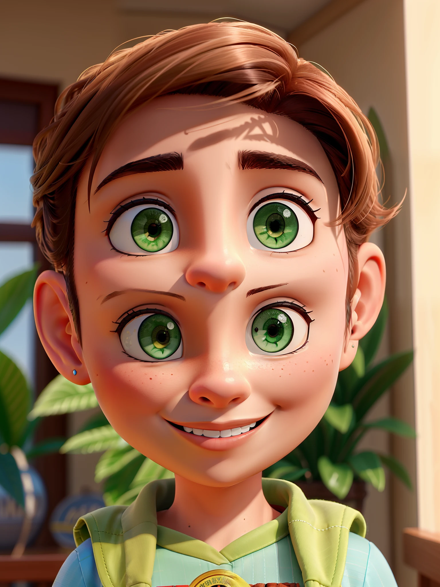 (best quality,4k,8k,Altas,master part:1.2),ultra-detalhado,(Realistic,fotorrealista,photo-realistic:1.37),mulher brasileira bonita,sorridente,alguns cabelos cacheados cobrindo levemente o olho esquerdo,Traje elegante,pele brilhante,tom de pele moreno ,fundo vibrante,Plantas Verdes,luz solar suave,tez de bronze,olhos expressivos,olhar intenso,postura confiante, with the phrase Adventist Education written on the panel