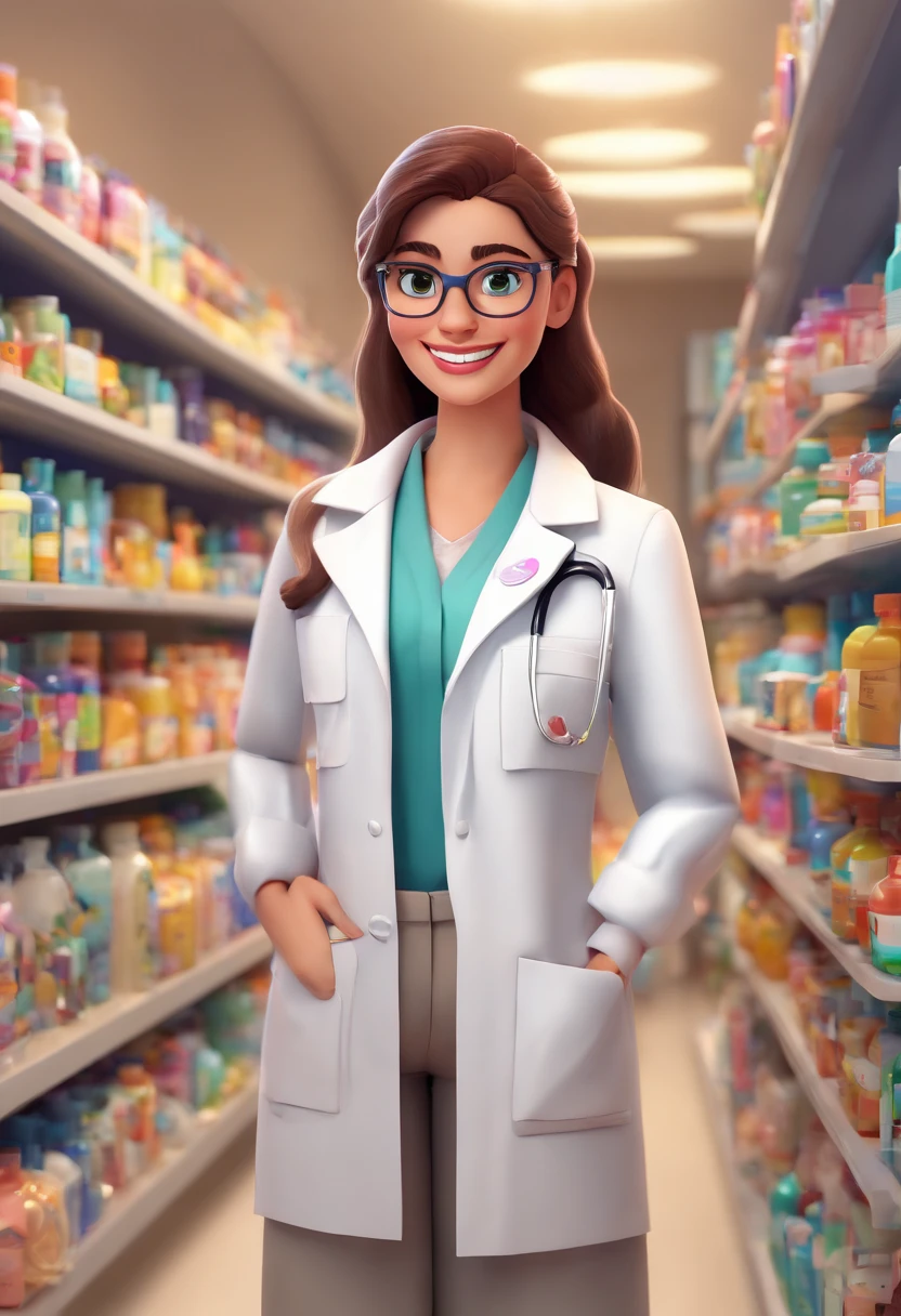 a 3d pixar disney style movie arafed woman in a pharmacy store holding a pill, chubby, Asian eyes, wearing a lab coat and glasses, pharmacy, Malika Favre, wearing a lab coat and blouse, wearing a lab coat, drug store, by Gina Pellón, In the background, by Amelia Peláez, fernanda suarez, wearing a white coat, wearing a lab coat, Caroline Gariba