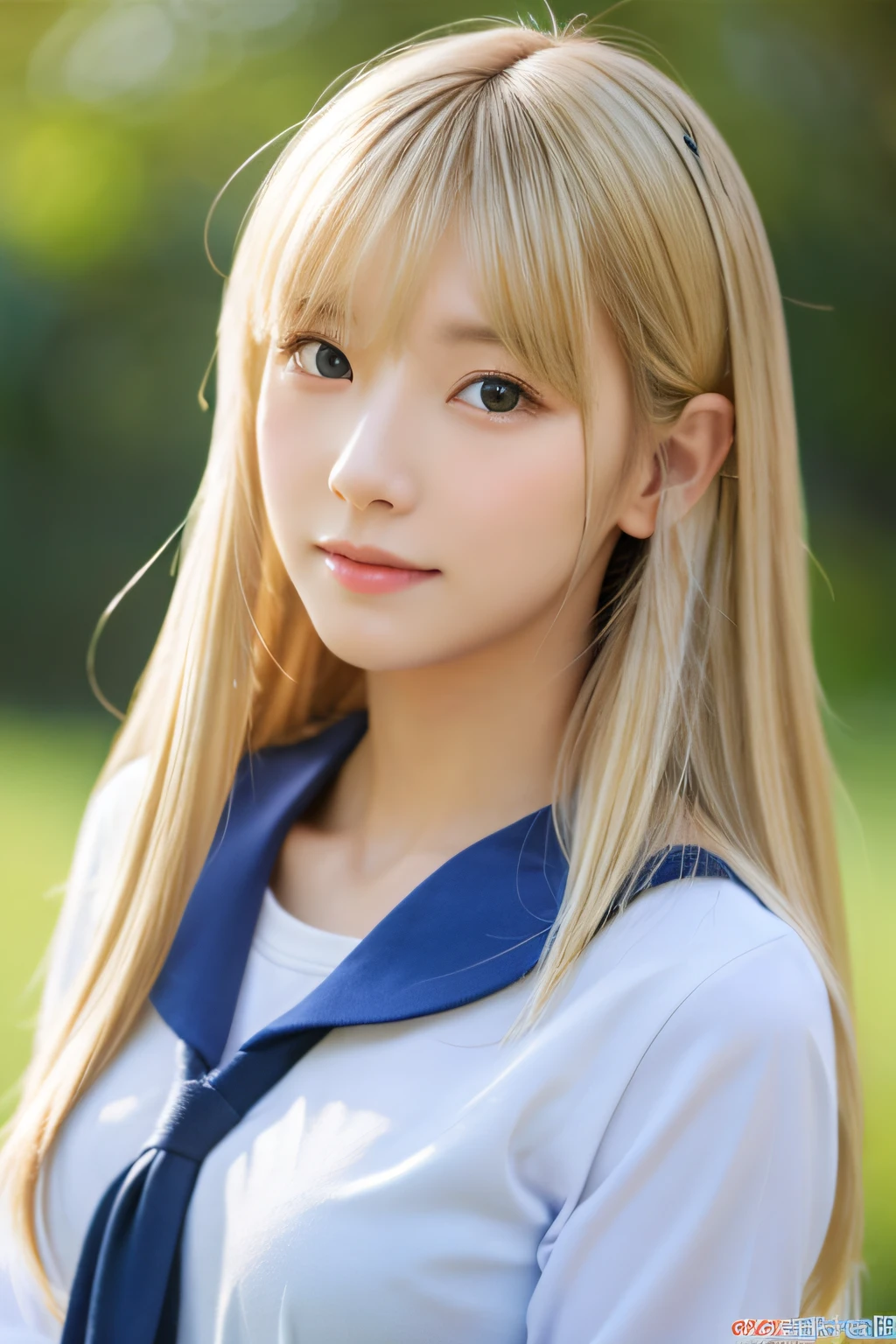 1 female、Hair color is blonde、Long hair、the eyes are blue、hi-school girl、A slender、Mature atmosphere、smaller face、With bangs、校服、Beautiful、Adults、A sexy、Have sex appeal