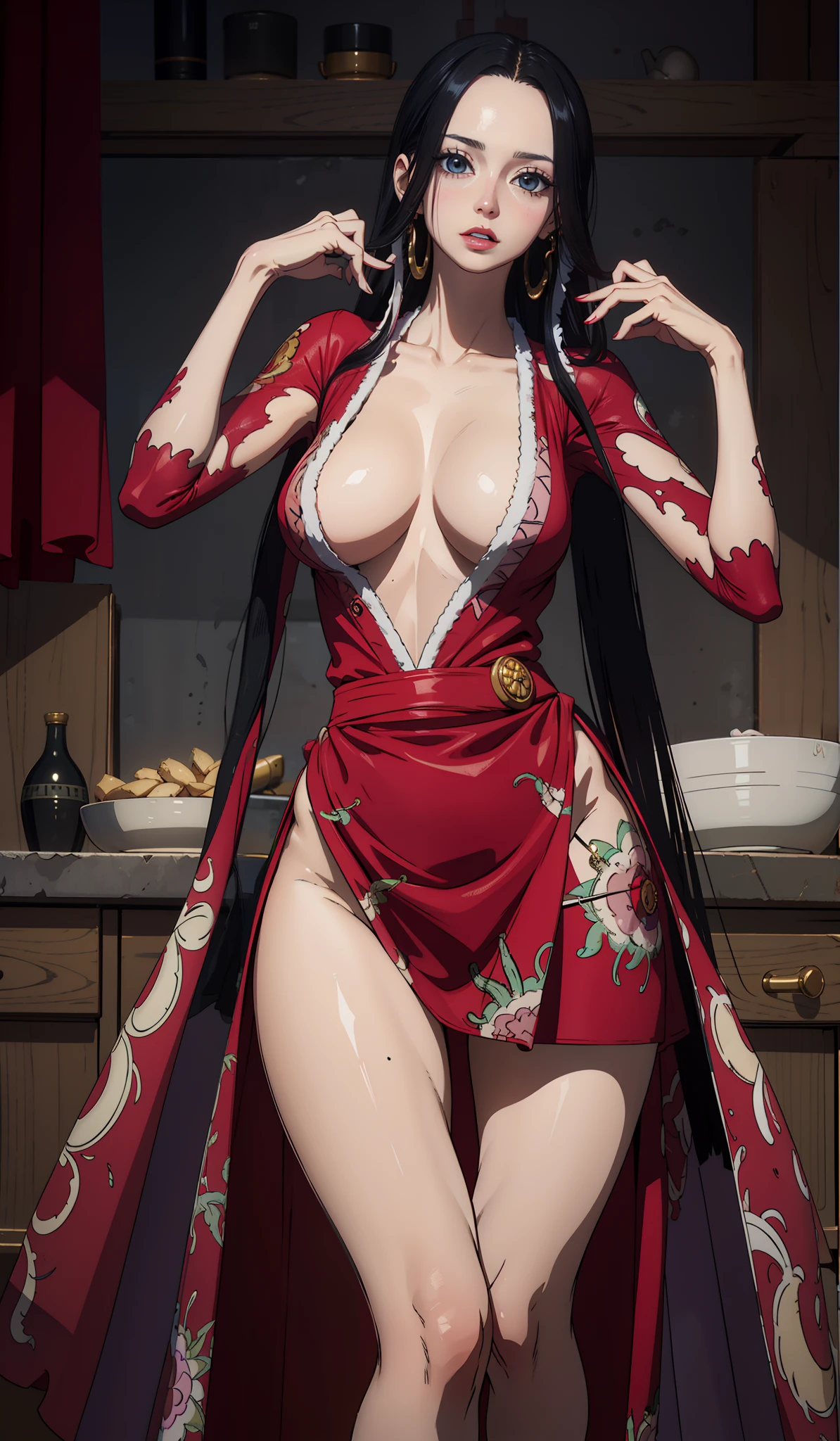 Hyper realistic super detailed boa hancock , Very detailed, expressions faciales sexy, seductive facial expressions, [:(Face detail: 1.4): 0.4], 16K resolution, 4k resolution, dinamic lighting, High definition resolution, (hyper realistic: 1.4),(contrasting background: 1.5), (??????? of the hyperrealistic arm), (Hyperrealistic ??????? of the legs), (peau propre), (lighting cinematic: 1.7), (intime), (Technologie NVIDIA RTX Ray Tracing), (??????? of the hyperrealistic arm: 2), (Ventre plat parfait), (image couleur), boa hancock, long hair, large breasts. Boa hancock is in kitchen, she is wearing a very sexy , lewd apron only and has a lewd expression on her face, boa hancock panties can also be seen through the apron