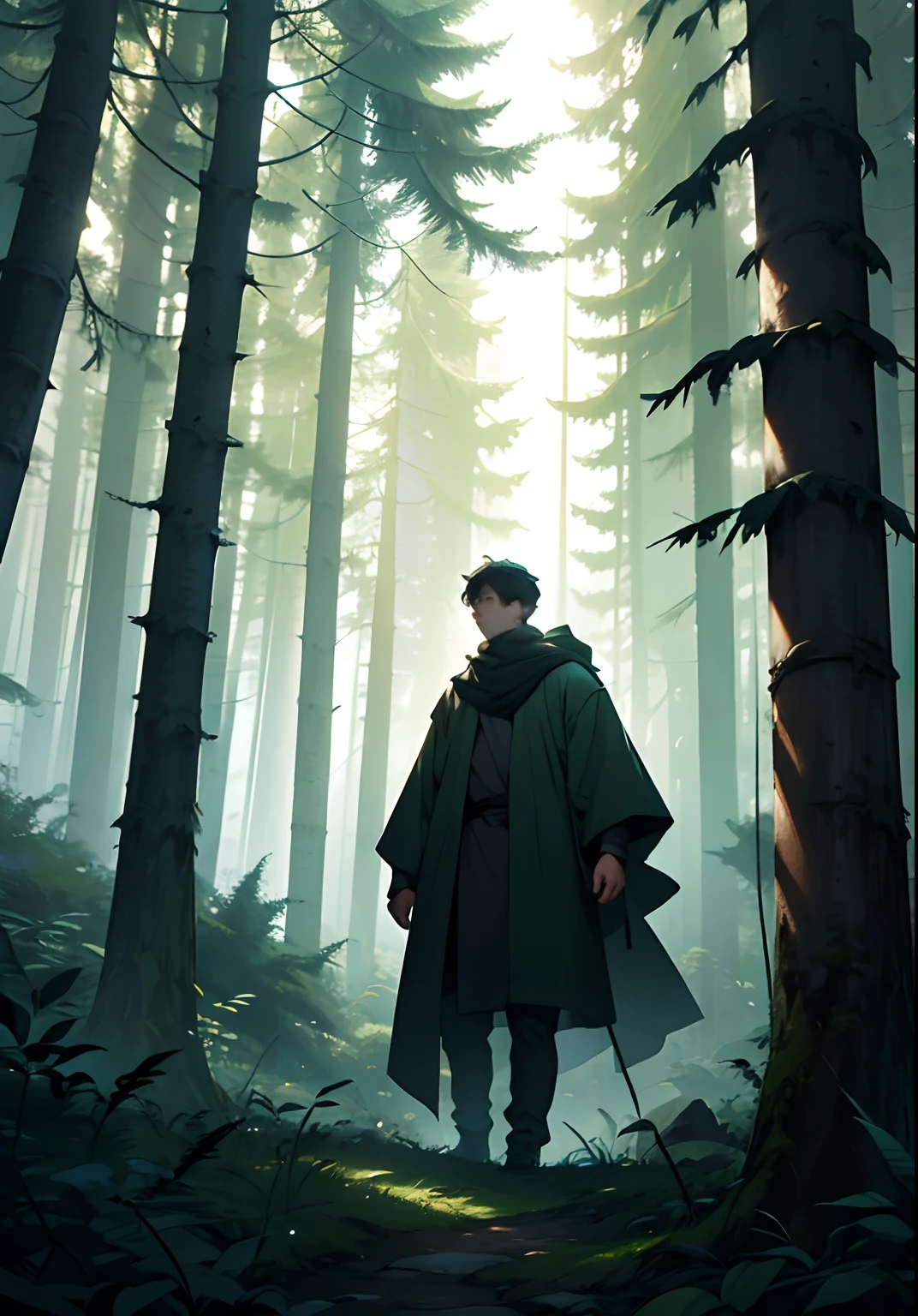 A young man stands at the entrance to a forest, looking confused and disturbed. All around was a thick forest with tall and ancient trees that seemed to hide some unknown danger. With a look of fear on his face, the man stepped into the forest and disappeared into the thick trees.
* Special effect: In the depths of the forest, through the swaying of leaves and branches, you can faintly see some mysterious creatures watching the man, their eyes shining green.
* Point of view: From the man's point of view, the audience can see the forest and trees around him, and feel the fear and unease in his heart. At the same time, he can be seen disappearing into the forest from a distance.
* Filter: Use a dark green filter to emphasize the dense and mysterious feel of the forest. At the same time, you can increase the layer and three-dimensional sense of the picture by enhancing the dark details and shadow effects.