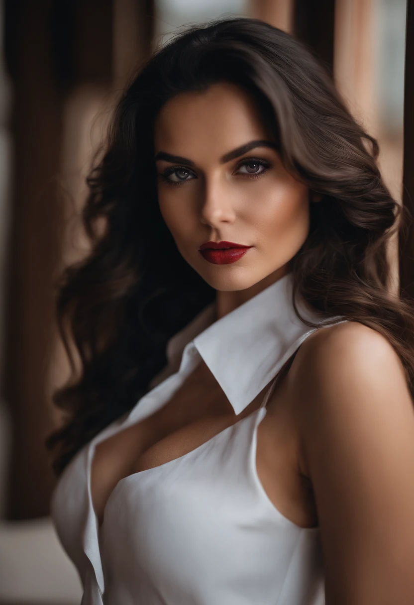 1 femme, long, wavy hair, dark brown eyes, seins moyens, avec chemisier blanc, prise de photo debout, biting lips, Sensuel, selfie