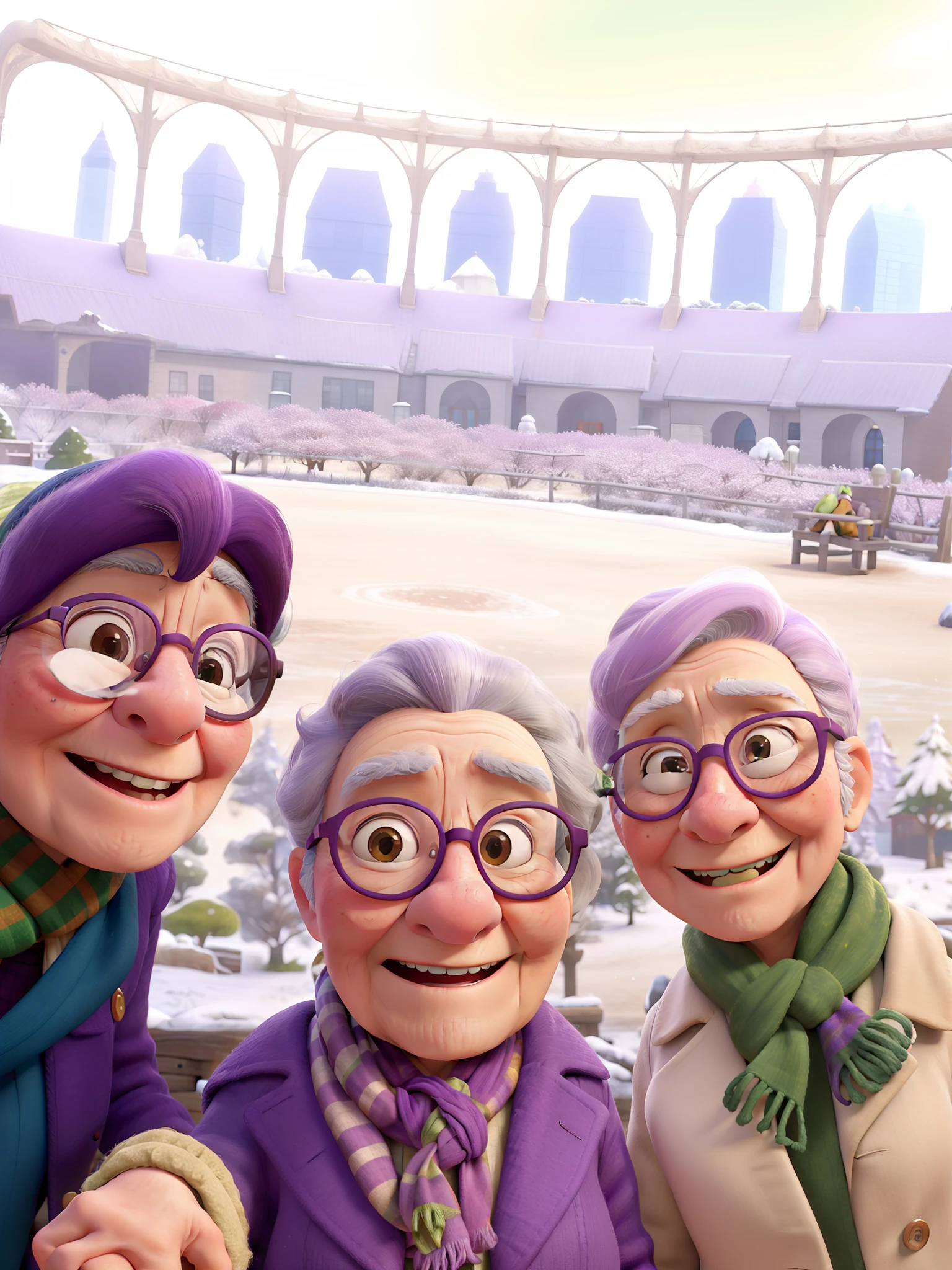 masterpiece, best quality, an old woman with glasses and a scarf on, wearing a purple coat and green scarf, standing at the park