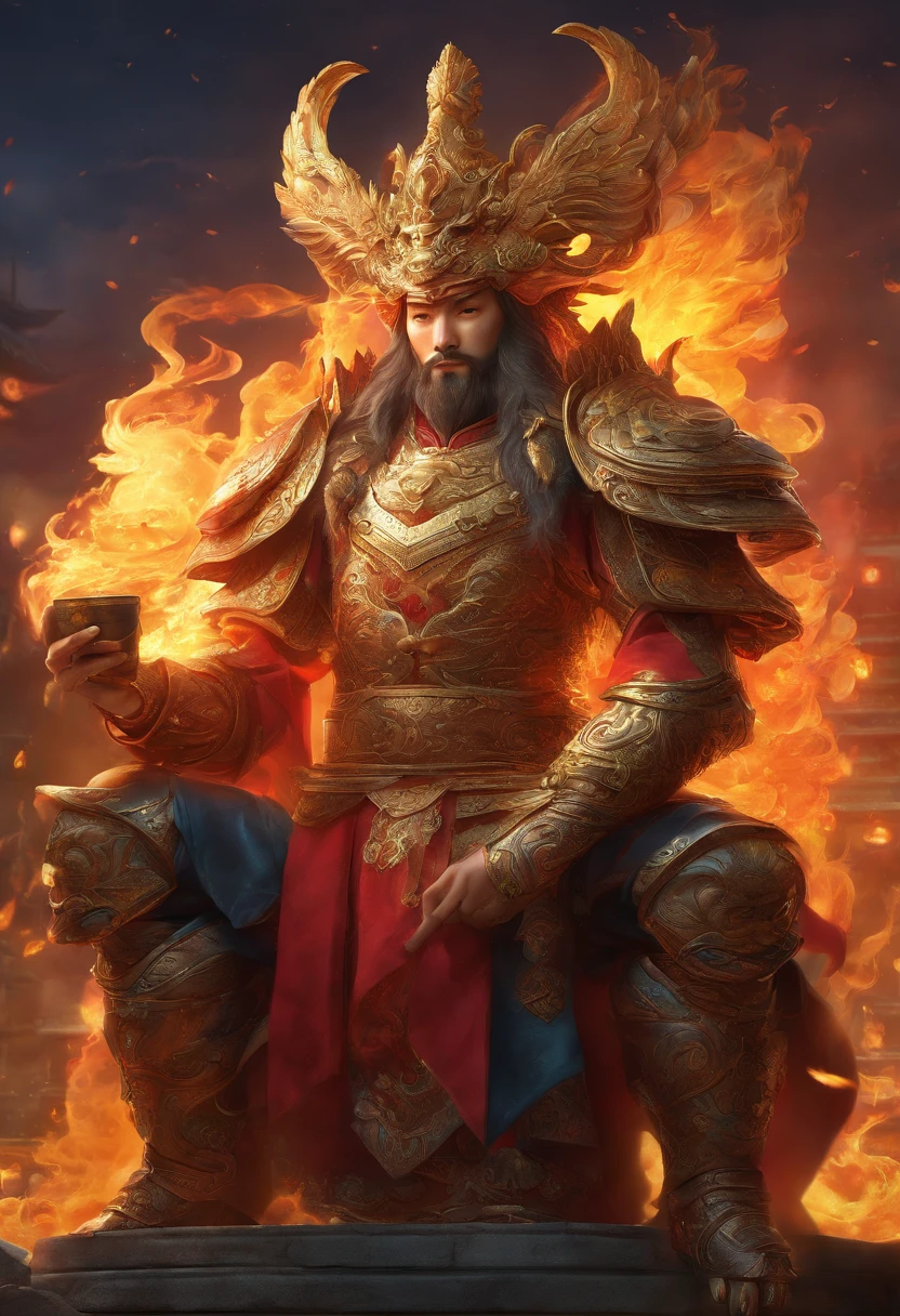 Best quality, Masterpiece, 超高分辨率, (Photorealistic: 1.4), RAW photo, （（best qualtiy，ultra-detailed CG image，tmasterpiece））， Create stunning artwork，Flame and Monkey King drink coffee， , Piping hot Chinese wine jug, , highly detailed digital artwork,  , Highly detailed digital art, Detailed digital 3D art, high detal, Amazing, Renders, author：Eddie Mendoza,  , amazing photorealistic graphics