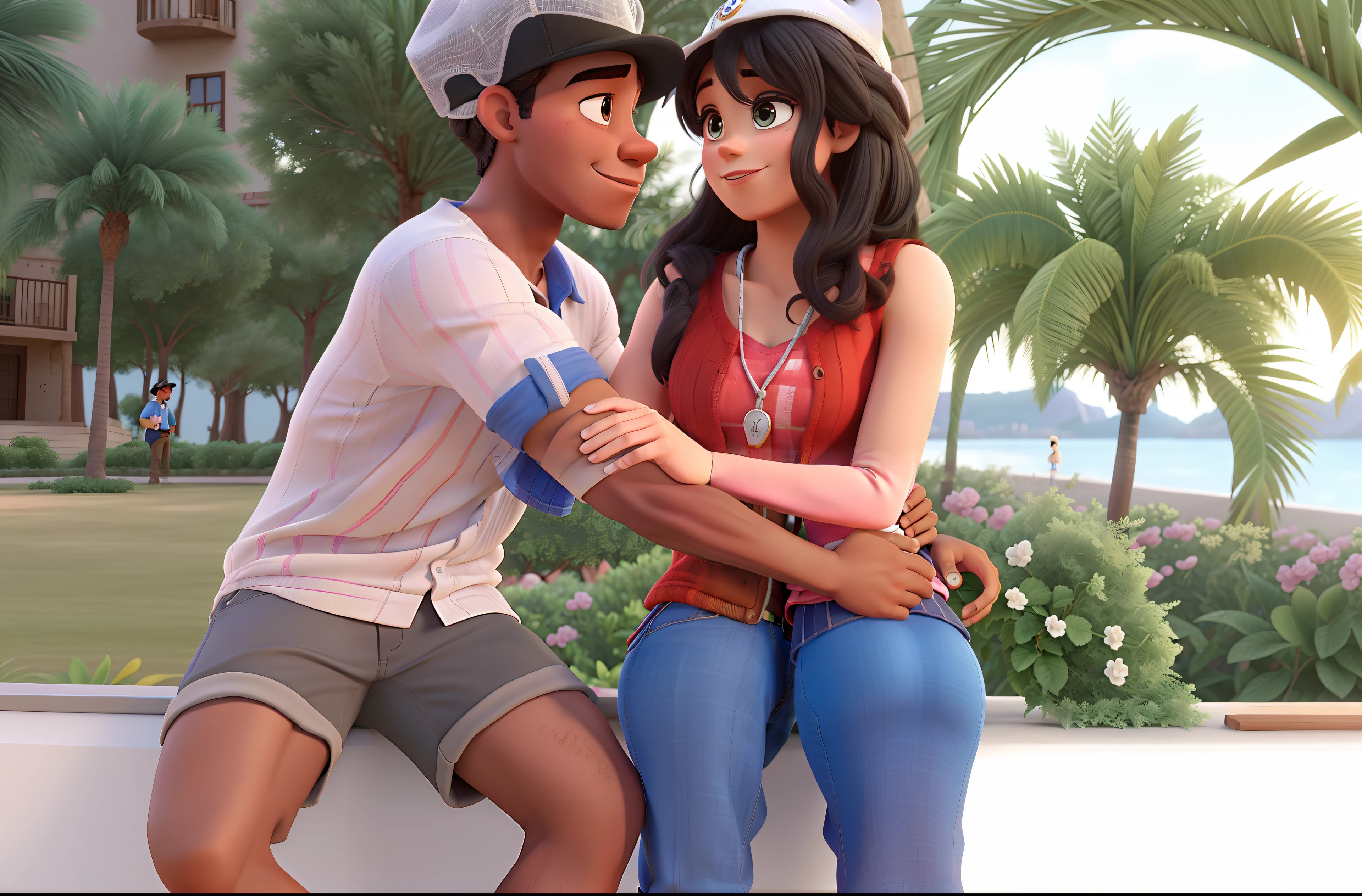 romantic couple, just like Disney Pixar movies, hombre negro y mujer blanca. Man wears cap backwards
