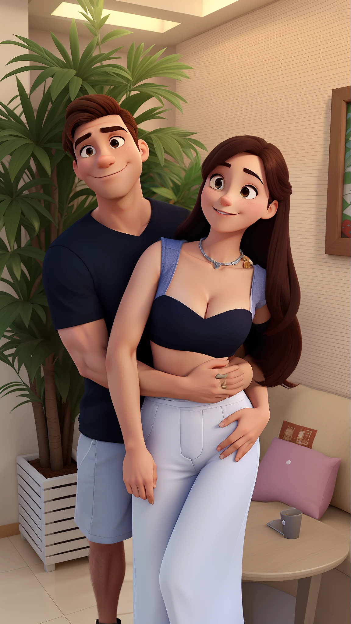 Imagem estilo pixel, alta qualidade, melhor qualidade, homem e mulher sorrindo. Man with hand on woman's waist. Homem de cabelo castanho escuro e mulher de cabelo preto.