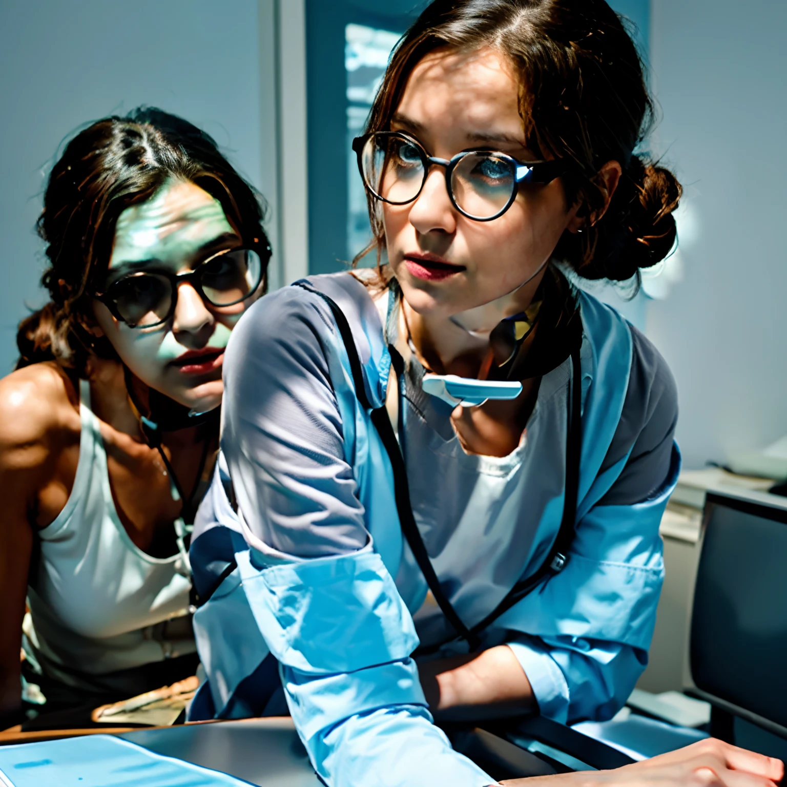 Pixar model white woman dark brown hair tied up doctor with glasses and middle aged in light blue walls office near computer and stethoscope on blue neck with child sitting on examination table