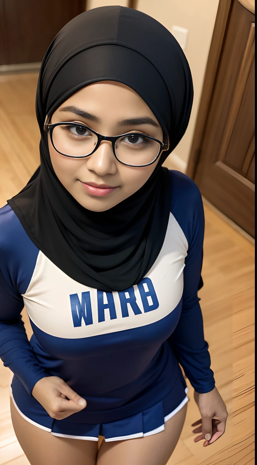 (iu:0.8), RAW, Best quality, high resolution, Masterpiece: 1.3, Beautiful cute glasses hijabi javanese woman in cheerleader, Masterpiece, Perfect slim body, Beautiful big eyes, Soft smile