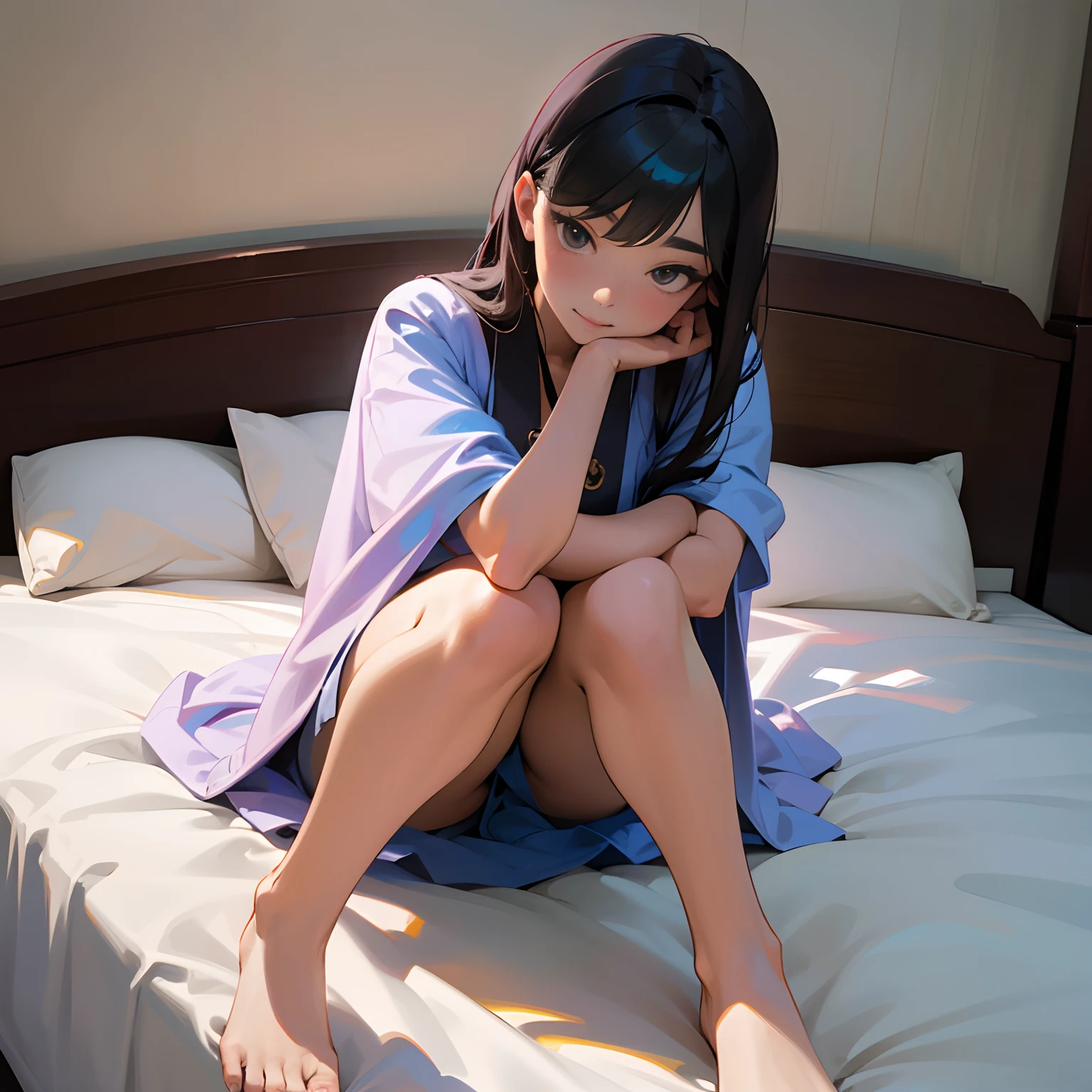 there is a woman that is laying down on a bed,Hand on chin, sitting on her bed, posing in bed, Sitting on the bed, sit on a bed, on my bed, Korean girl, pretty face with arms and legs, feet posing, young cute wan asian face, 8K)), while posing in the same bed