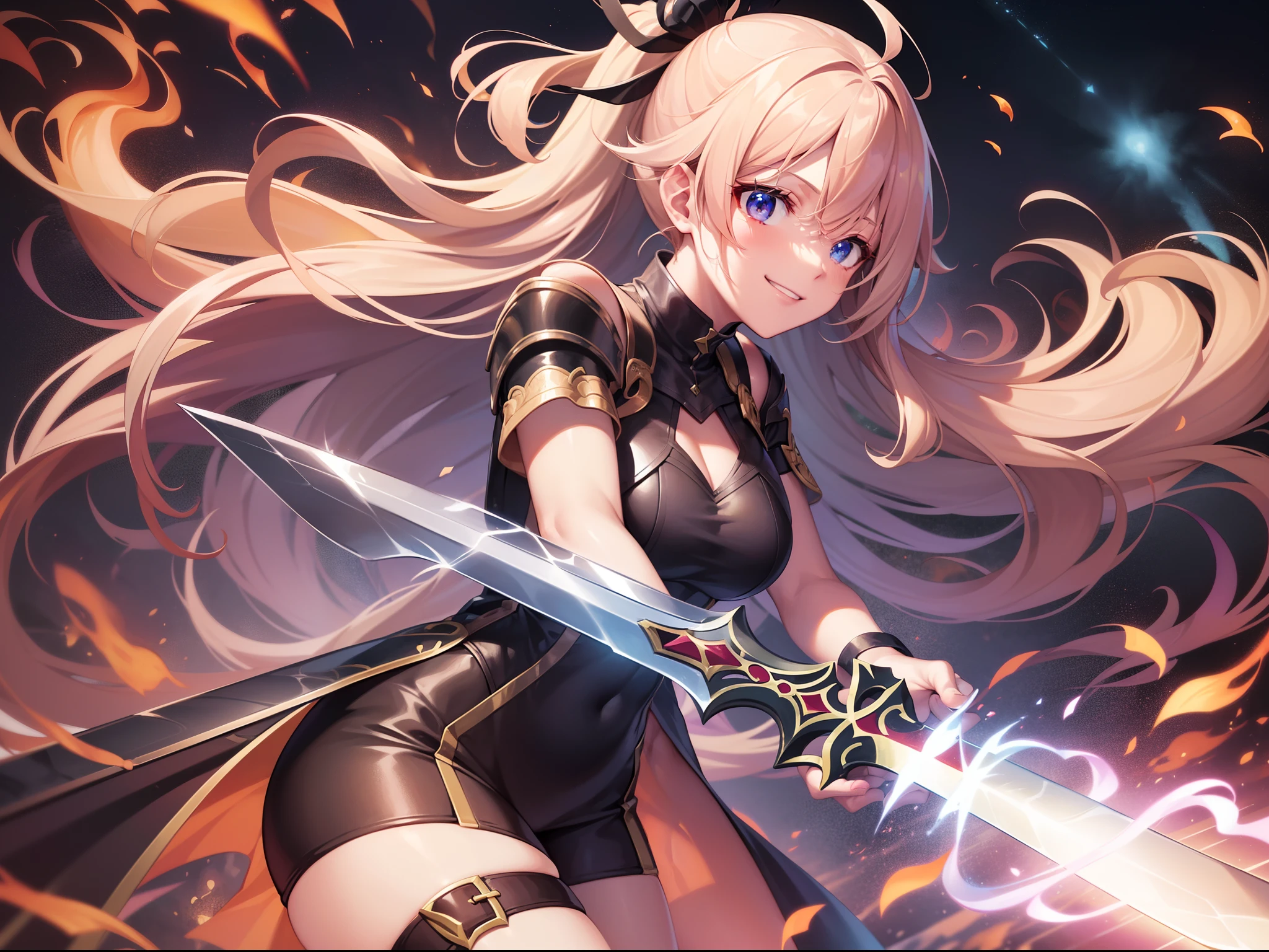 ((Finest quality)),(超A high resolution),(ultra-detailliert),((Best Anime)),sharpnes,clear,Fantasy art with astounding depictions,Emitted light:1.5,dynamicposes:1.5,explosive:1, (Female Swordsman),(Invincible smile:1.1), (Flame Blade Broadsword:1.3),Slim body,thighs thighs thighs thighs