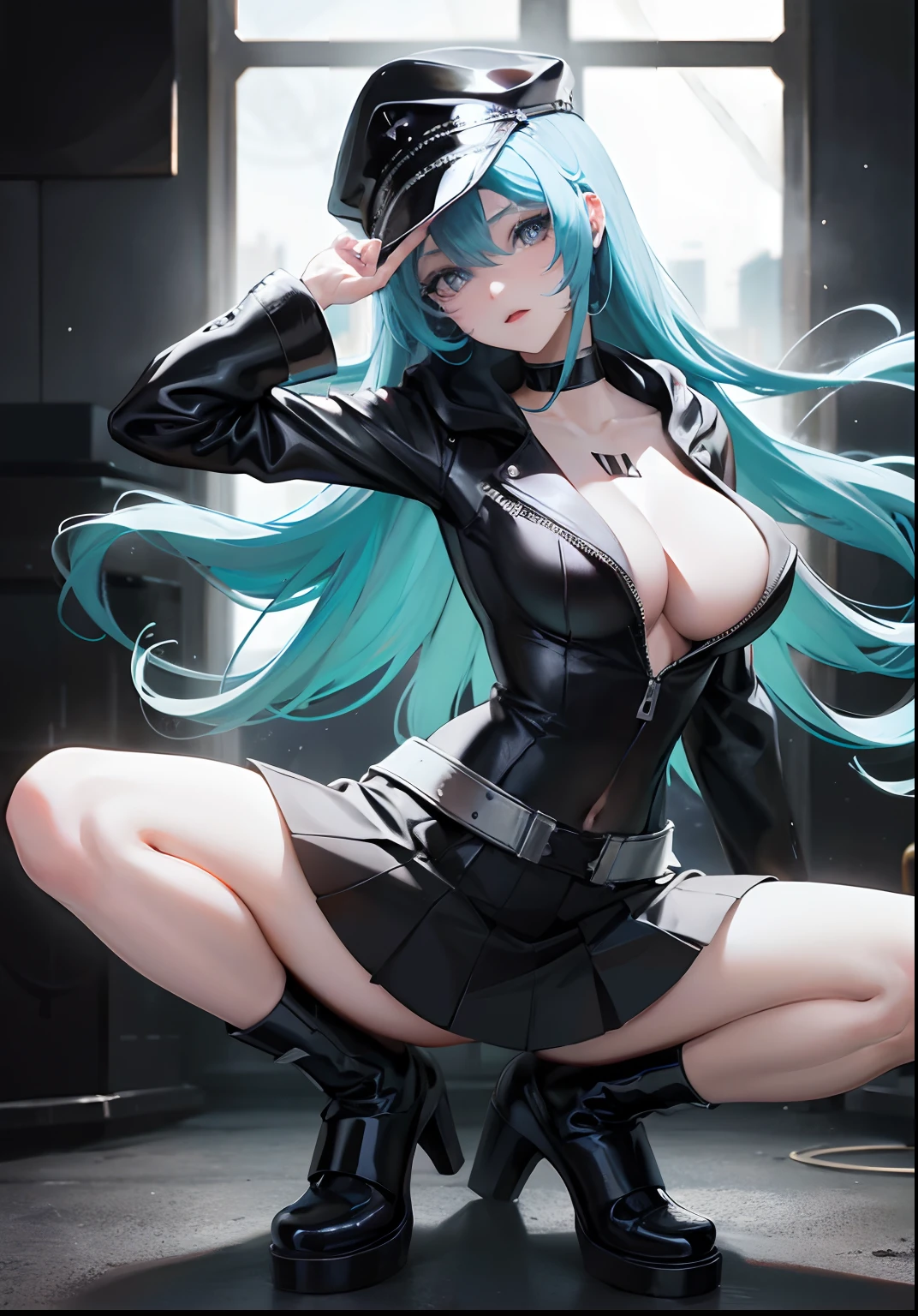 anime girl with blue hair and a white hat posing for a picture, 2 d anime style, anime style 4 k, glowing blue, 4k anime wallpaper, black and blue, anime girl with long hair, cyberpunk anime girl in hoodie, cyberpunk anime girl, trending on artstation pixiv, anime style. 8k, 2 d anime, popular on pixiv, revealing clothing,style image of a woman in a black uniform and a black coach hat, designer black plus symbol in the middle of hat, black designer short skirt, long sexy legs, big tits, white high heels, striking pose, ultra hd, ultra resolution quality, best quality, masterpiece, great sexy body, ultra hd quality, best resolution, 4k, ultra 4k hd, 8k, ultra 8k hd, 8k hd