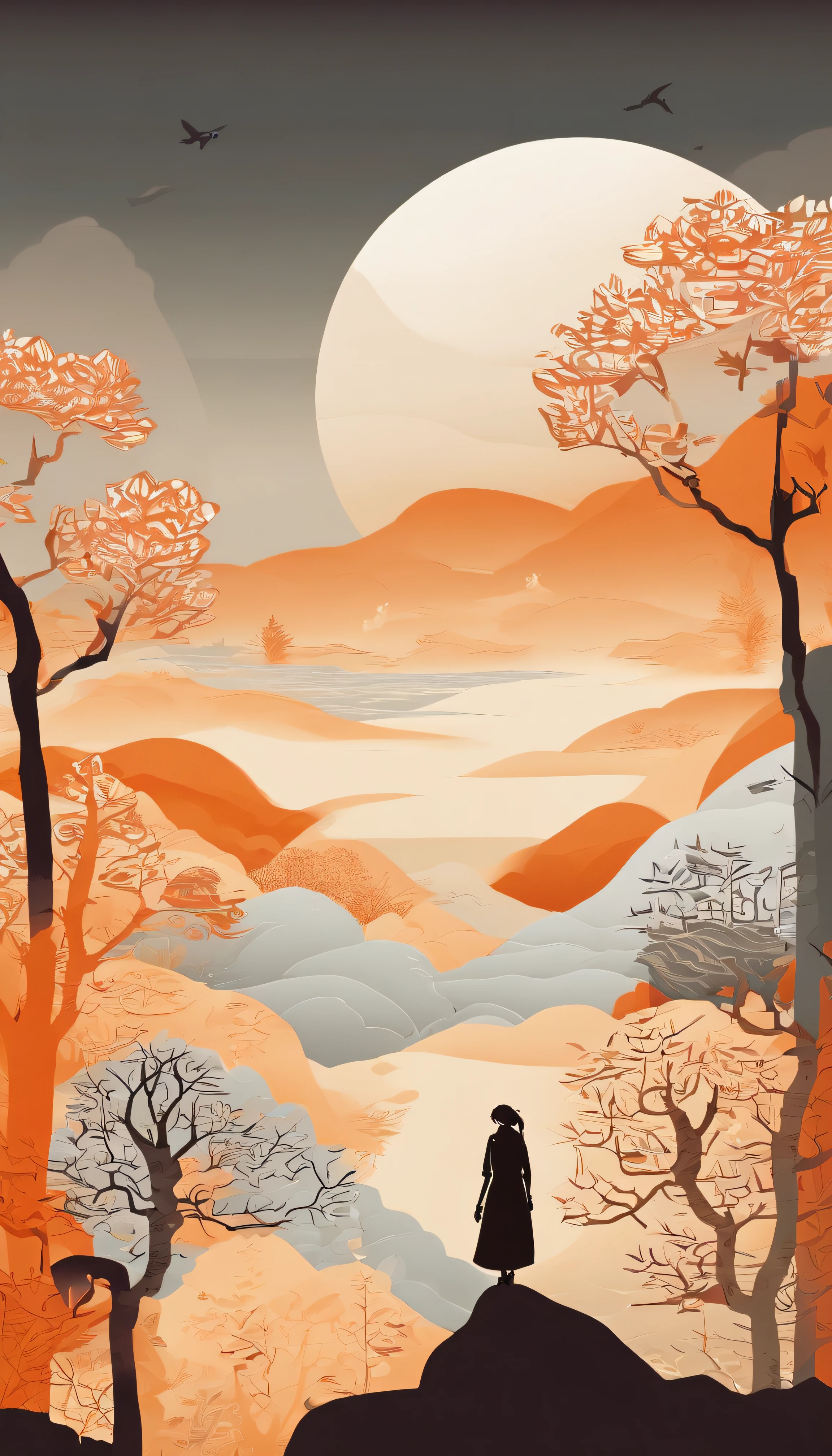 Ancient painting giant pen, Poetic, beijing, Great Wall of China, balloons,closeup cleavage, Gradient, Golden architecture, Orange background, Trees and emperors decorate paradise