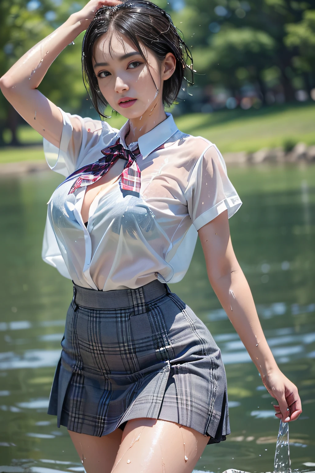 ((High school girl walking in a park by the lake))、((Wet translucent white blouse、red bowtie、Dark blue checked skirt)). 40k, Photography, masutepiece, Best Quality, dark grey background, ((1 girl with beautiful eyes、Brown Light、Wet short hair, . White skin, Poses variadas.((breasts of medium size,:1.1)), Best Quality, masutepiece, Ultra high definition, (Photorealistic:1.4), Raw photo, (perfect body type), (slim:1.3), Slim abdomen, Perfect slim figure, dynamicposes, (((Full-figured :0.9))), Solo, Cold Light 12000K, Highly detailed facial and skin texture, Detailed eyes, Realistic eyes, Beautiful detailed eyes, (Realistic skin), Attractive, 超A high resolution, A hyper-realistic, Highly detailed,((she is soaking wet)),