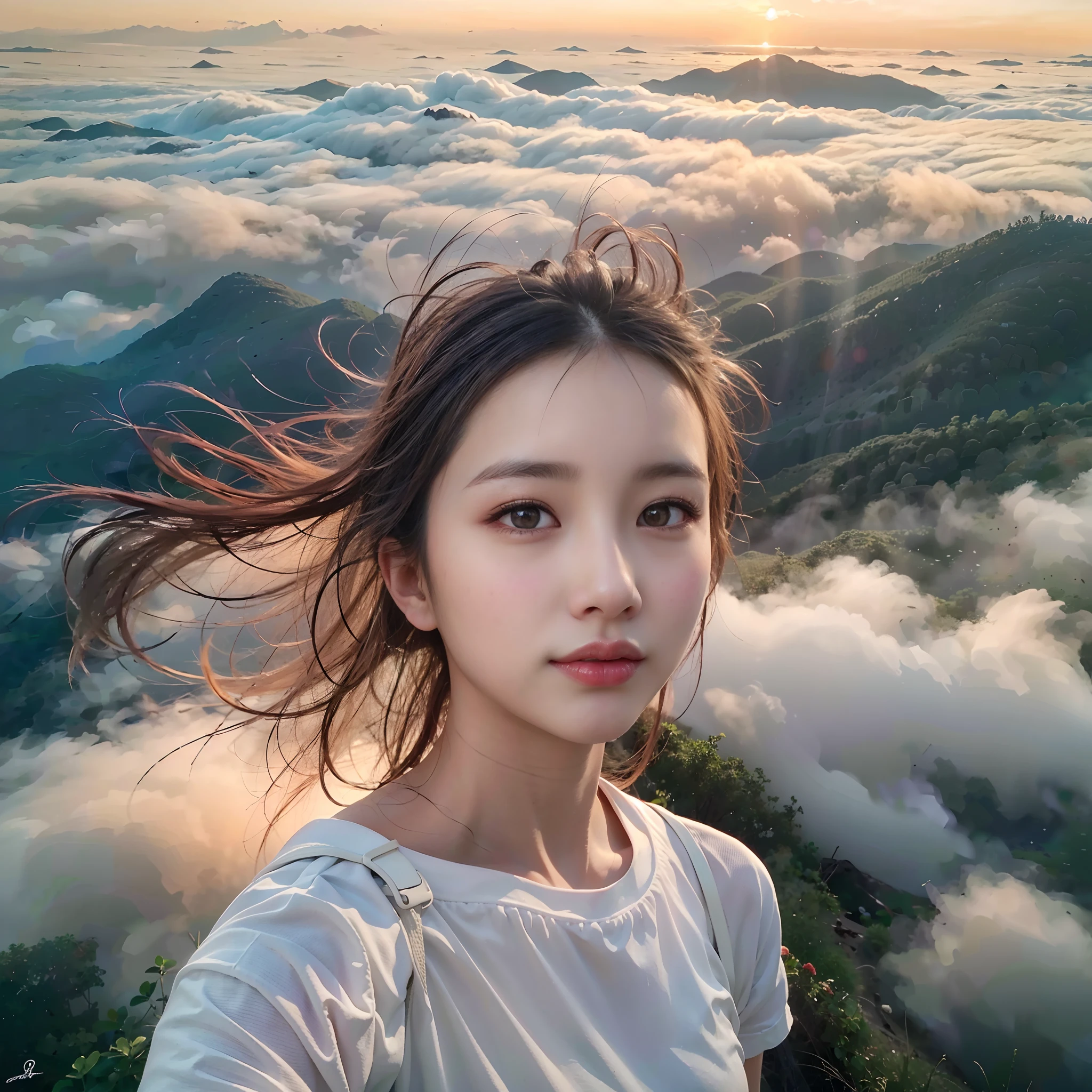 (Best Quality, hyper realistic photography), Magnificent mountain, sea of clouds, Woman watching sunset, selfee, ((Upper body)), white t-shirts, Trekking Shorts, trekking boots, rucksack, (ultra-delicate face, Super Beautiful Maid, Super delicate eyes, Ultra-detailed nose, Ultra detailed mouth, Ultra-detailed facial features), Beautie, 18year old