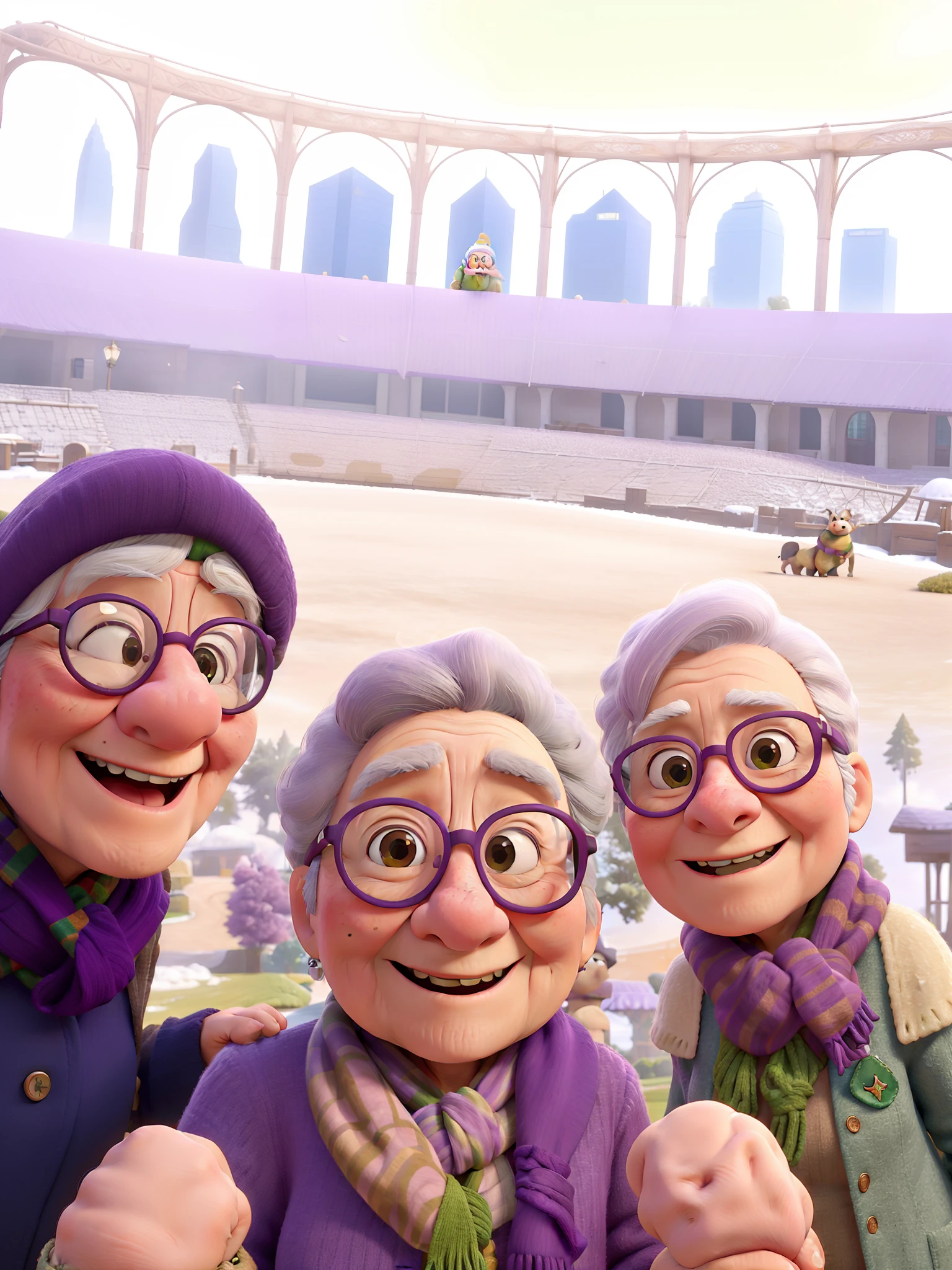 masterpiece, best quality, an old woman with glasses and a scarf on, wearing a purple coat and green scarf, standing at the park