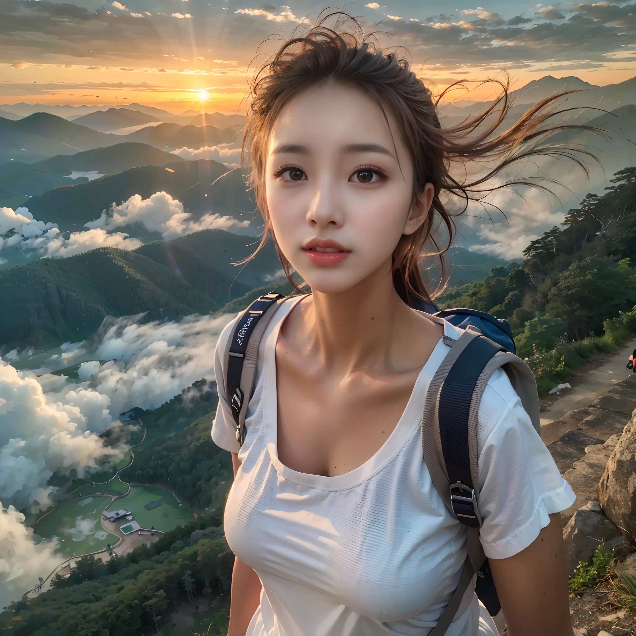 (Best Quality, hyper realistic photography), Magnificent mountain, sea of clouds, Woman watching sunset, selfee, ((Upper body)), white t-shirts, Trekking Shorts, trekking boots, rucksack, (ultra-delicate face, Super Beautiful Maid, Super delicate eyes, Ultra-detailed nose, Ultra detailed mouth, Ultra-detailed facial features), Beautie, 18year old