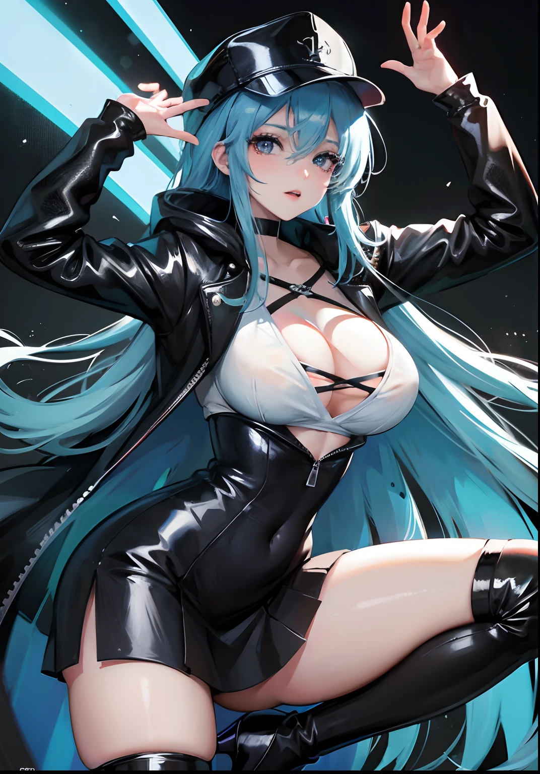 anime girl with blue hair and a white hat posing for a picture, 2 d anime style, anime style 4 k, glowing blue, 4k anime wallpaper, black and blue, anime girl with long hair, cyberpunk anime girl in hoodie, cyberpunk anime girl, trending on artstation pixiv, anime style. 8k, 2 d anime, popular on pixiv, revealing clothing,style image of a woman in a black uniform and a black coach hat, designer black plus symbol in the middle of hat, black designer short skirt, long sexy legs, big tits, white high heels, striking pose, ultra hd, ultra resolution quality, best quality, masterpiece, great sexy body, ultra hd quality, best resolution, 4k, ultra 4k hd, 8k, ultra 8k hd, 8k hd